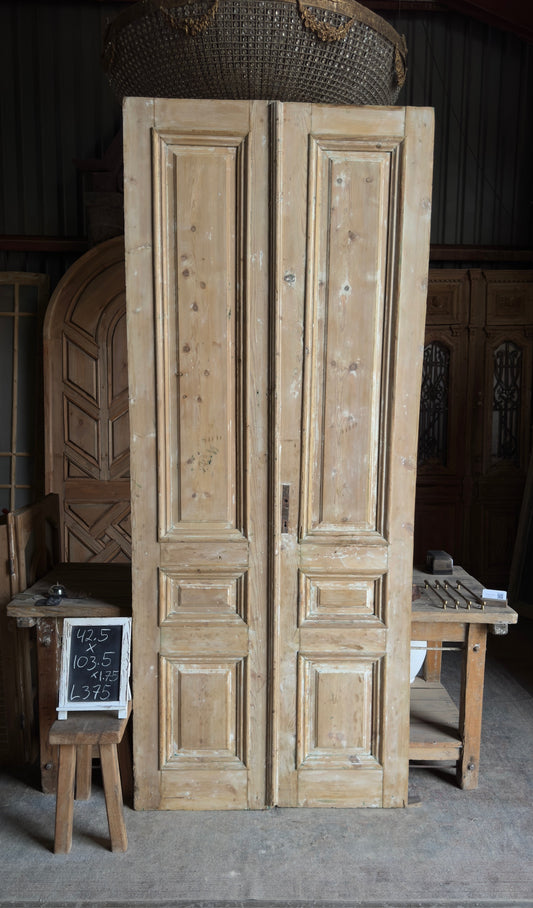 Raised Molding 3 Panel Antique Solid French Doors - 42.5x103.5 - L375