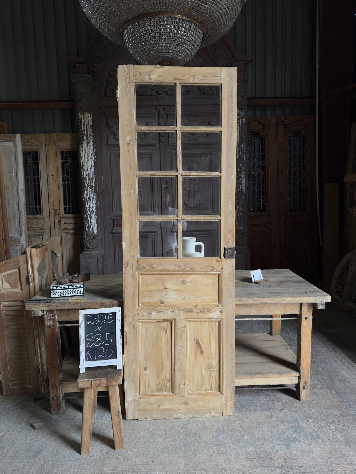 19th Century Antique Glass Single Door - 28.25x88.5 K120