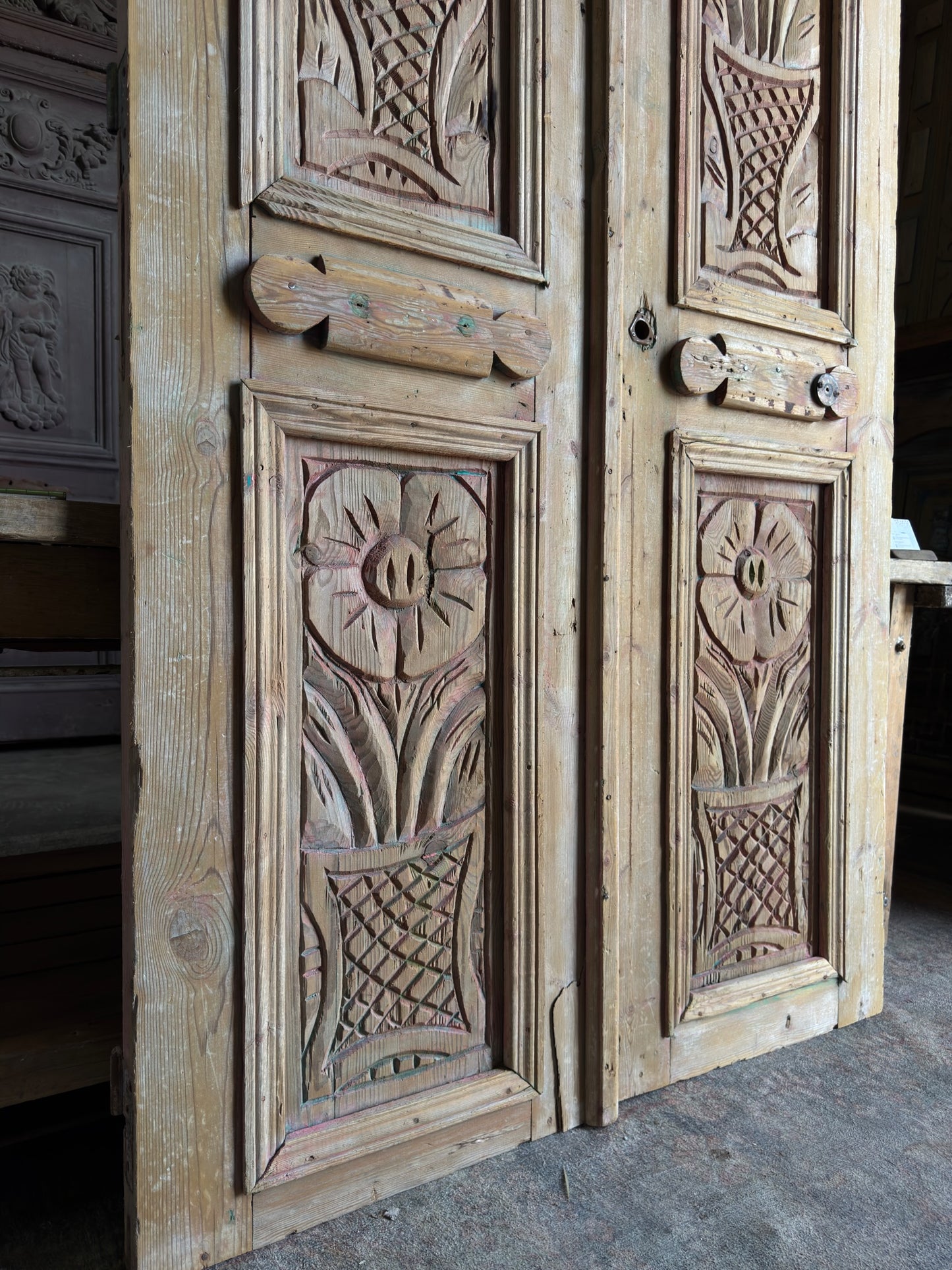 Flower Carved Antique French Doors - 48.5x89 J103