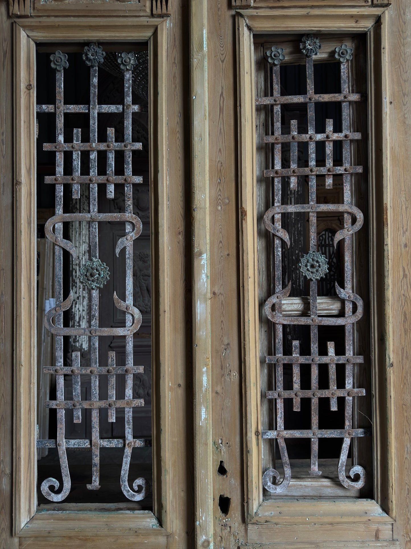 Antique Carved 4 Lite French Doors - 46.75x105 - L658
