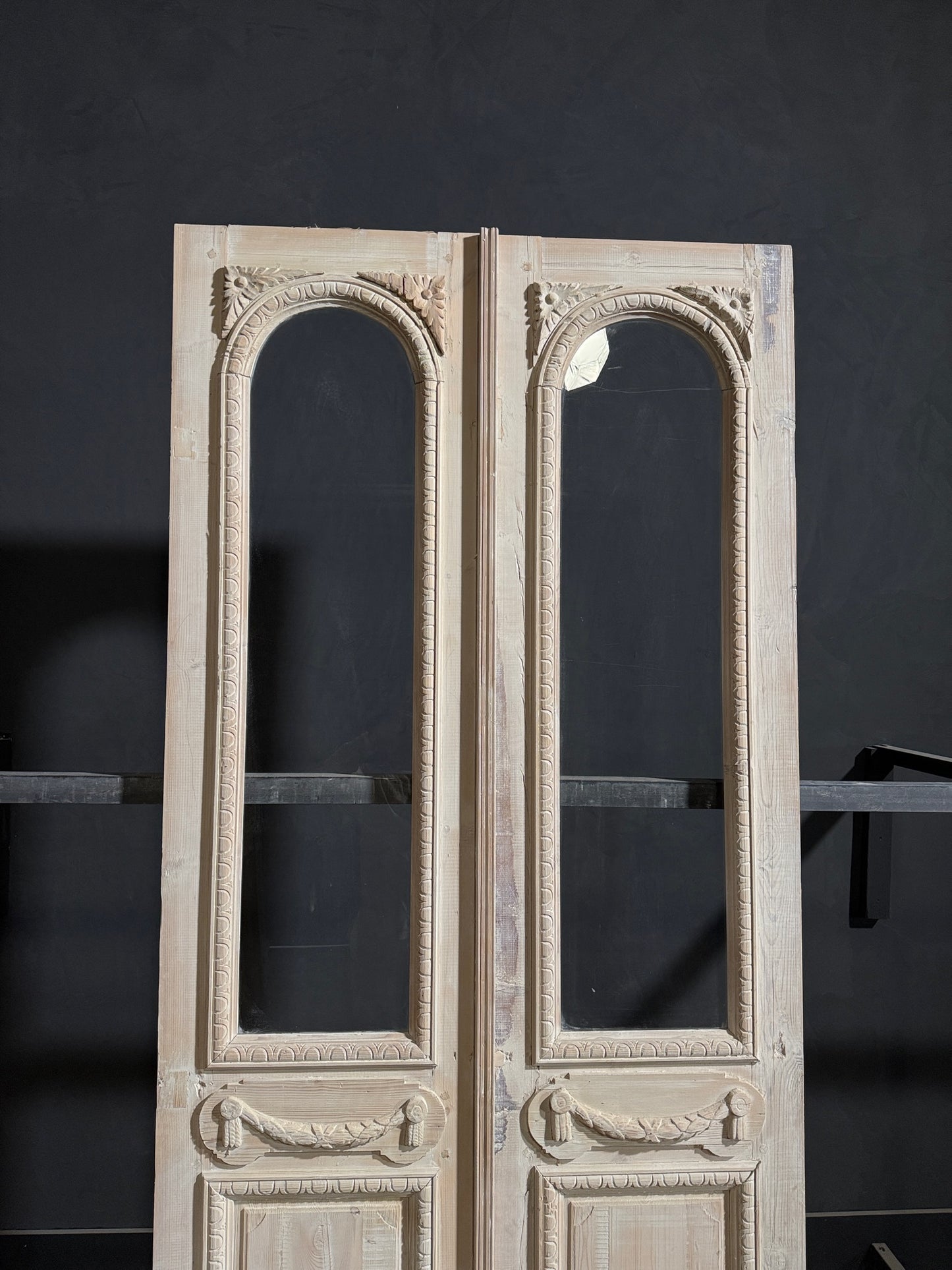Antique Carved 1 Lite Arched French Doors - 45x99.5 - N270