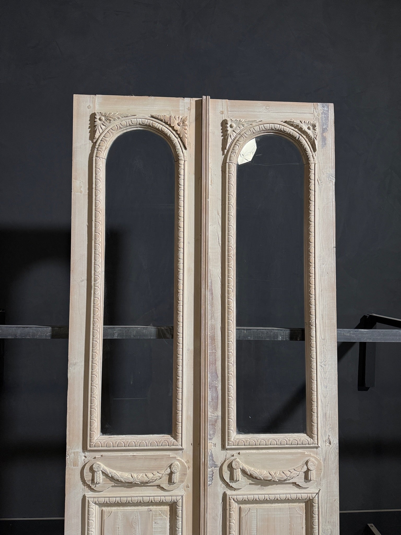 Antique Carved 1 Lite Arched French Doors - 45x99.5 - N270