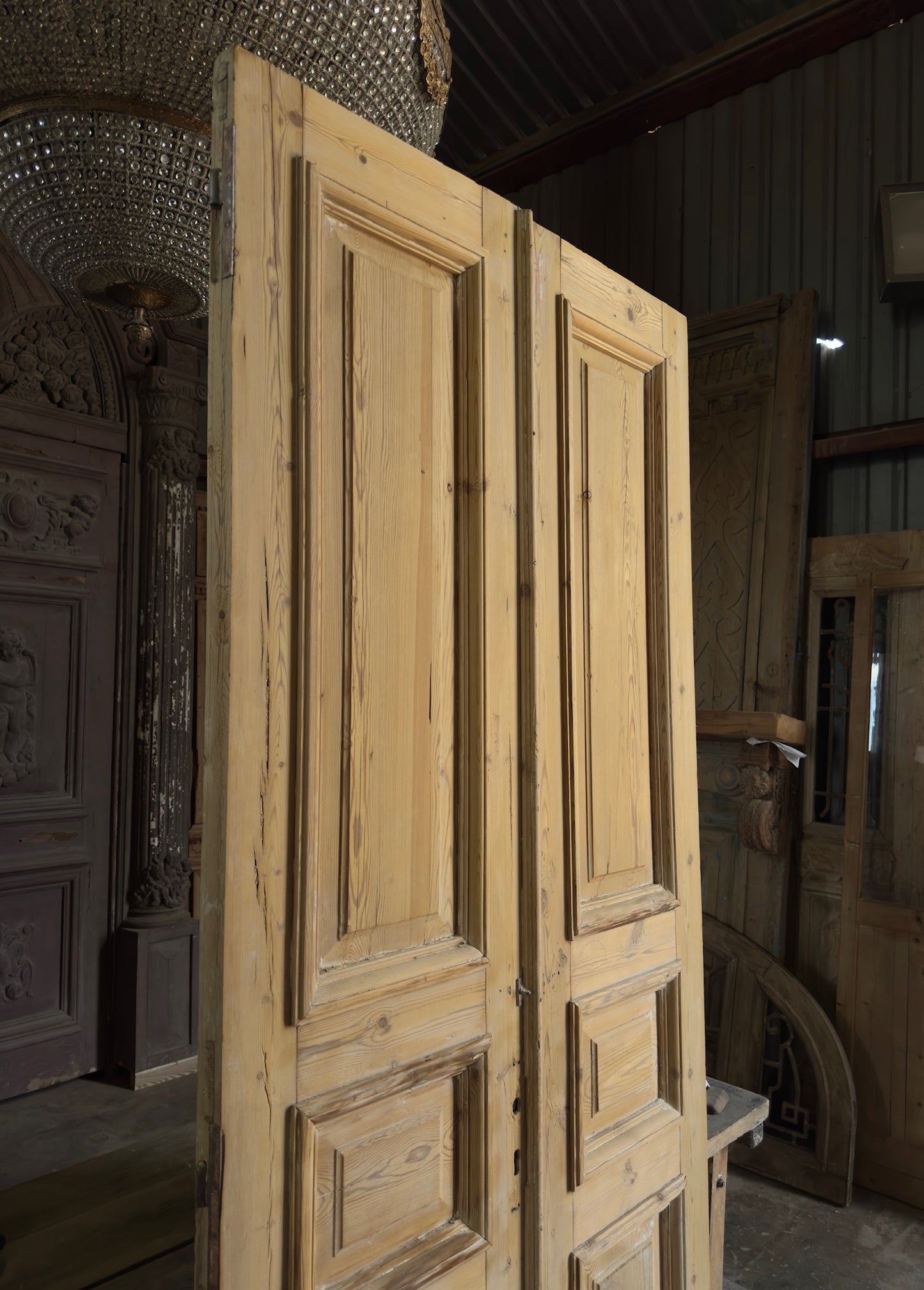 Raised Molding 3 Panel Antique Solid French Doors - 43x98.5 K388