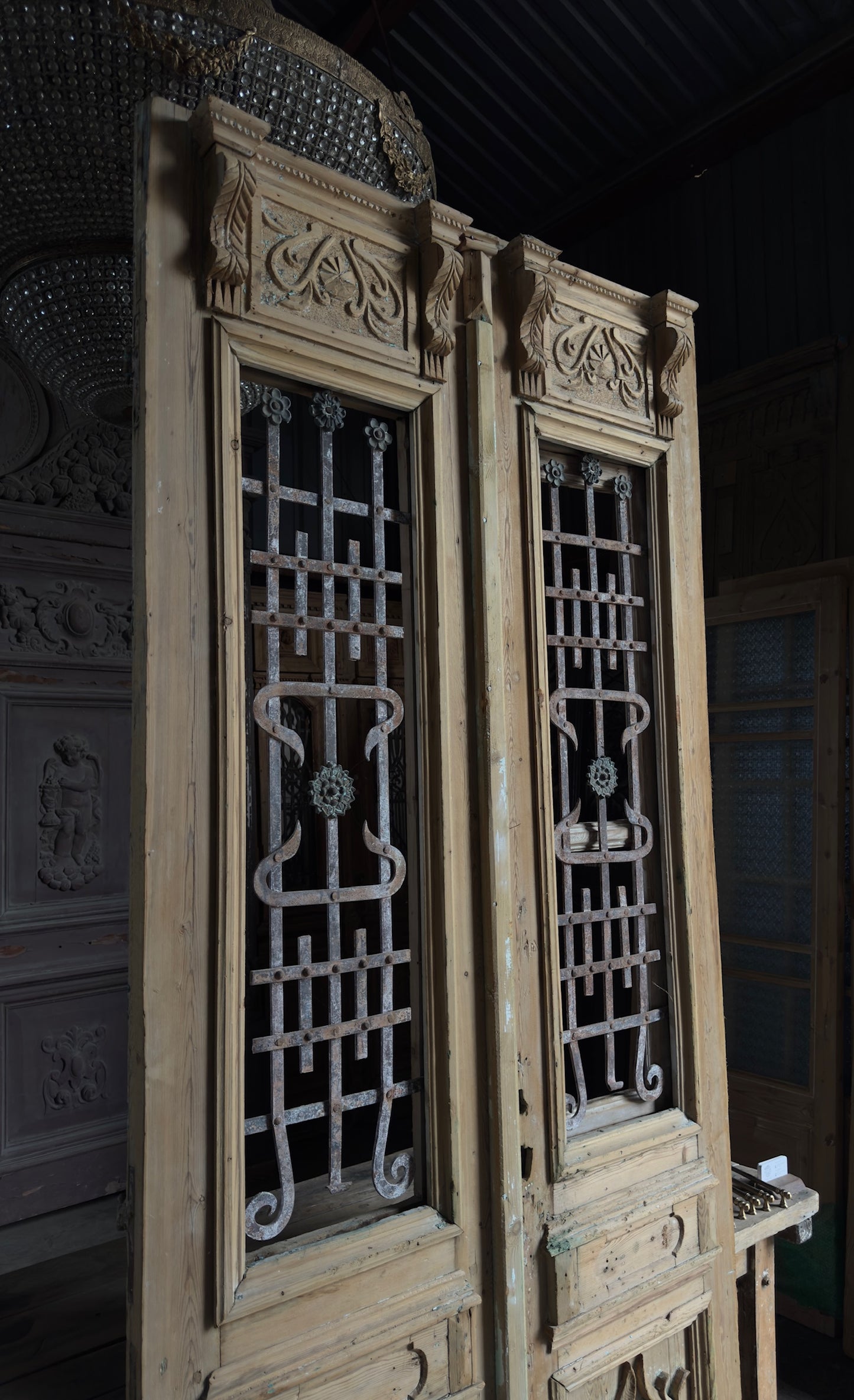 Antique Carved 4 Lite French Doors - 46.75x105 - L658