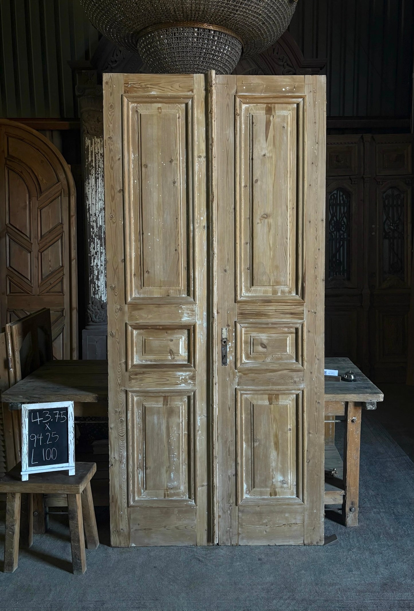 Raised Molding 3 Panel Antique Solid French Doors - 43.75x94.25 - L100