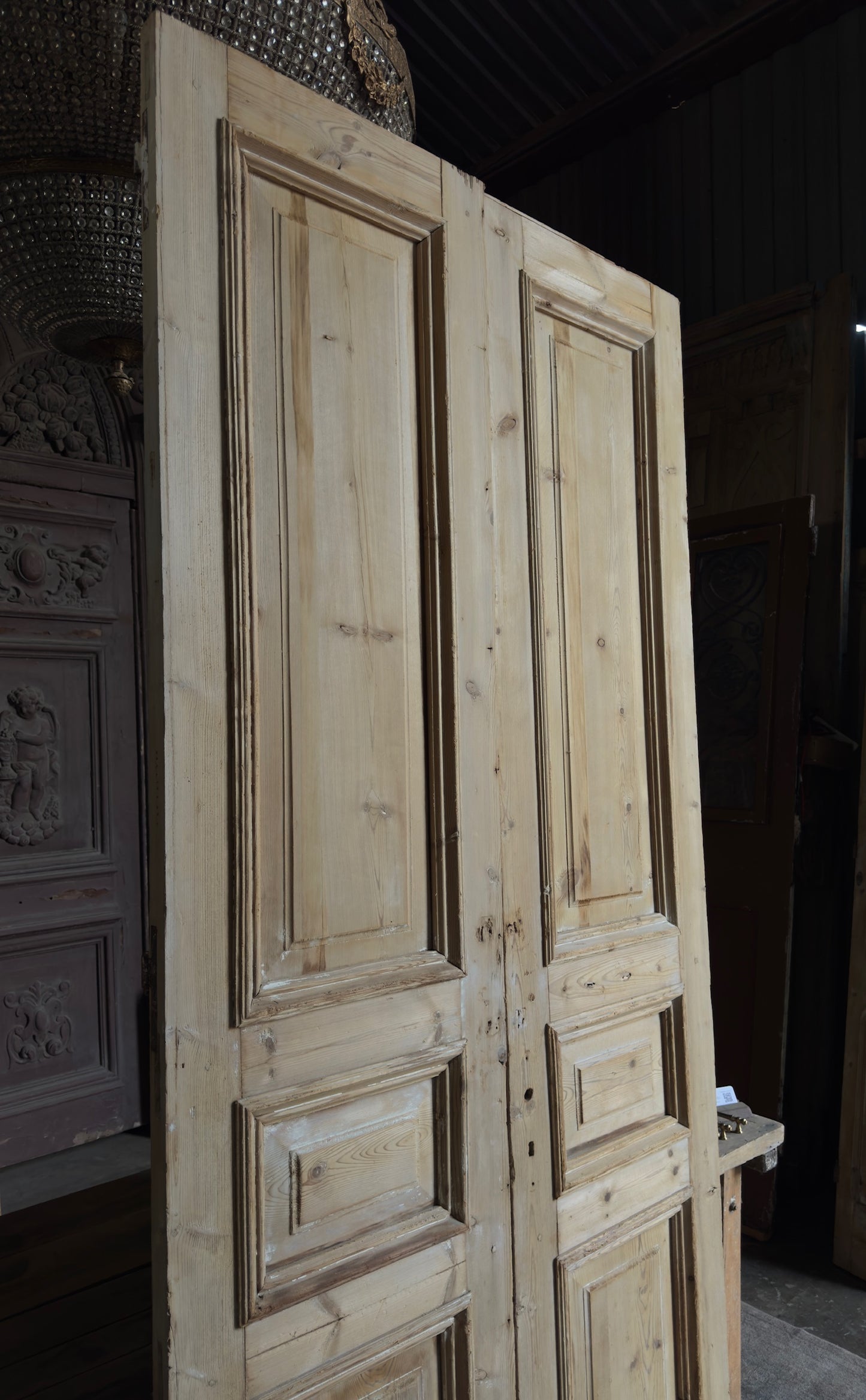 Raised Molding 3 Panel Antique Solid French Doors - 47x103 - L377