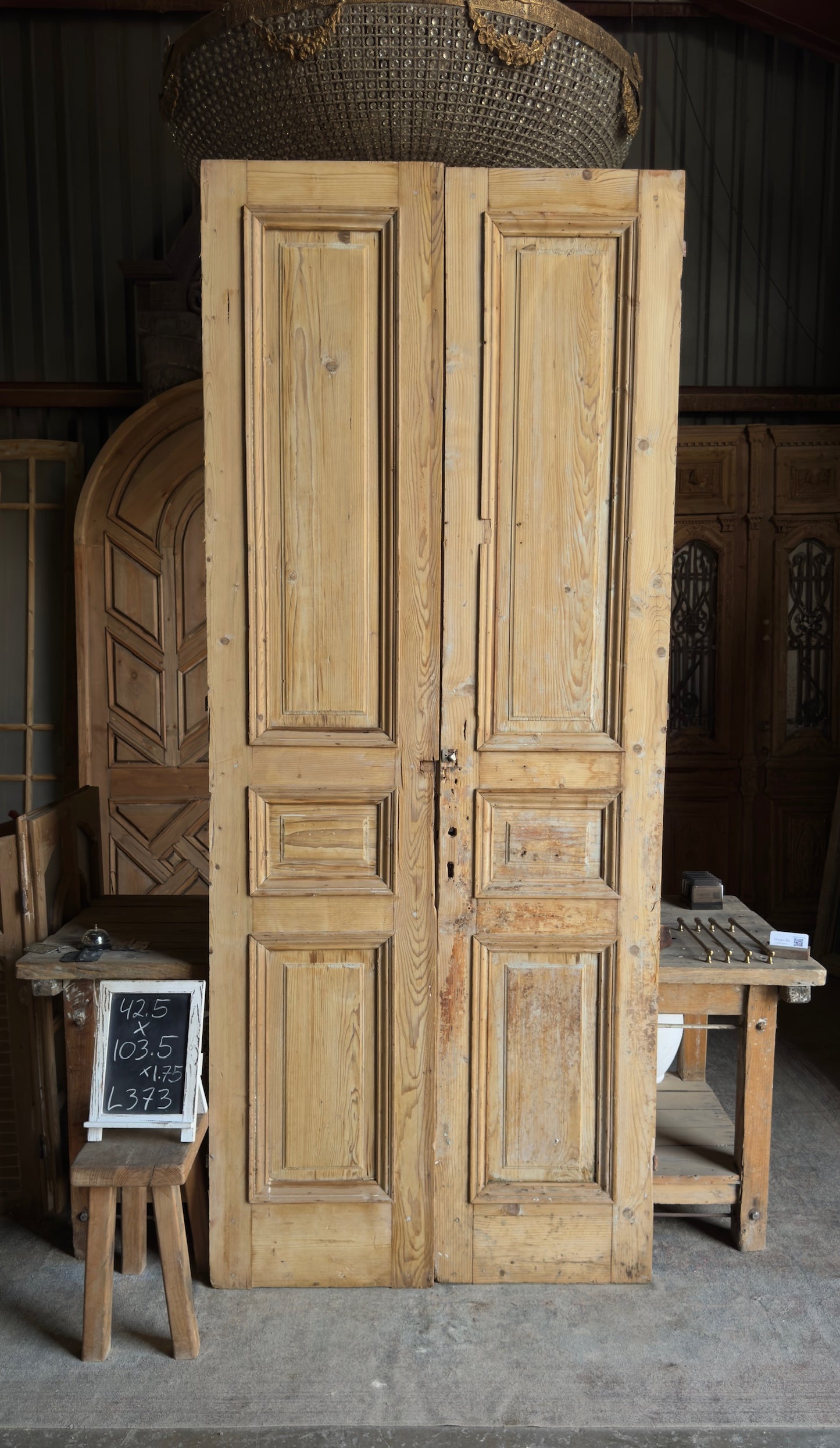 Raised Molding 3 Panel Antique Solid French Doors - 42.5x103.5 - L373