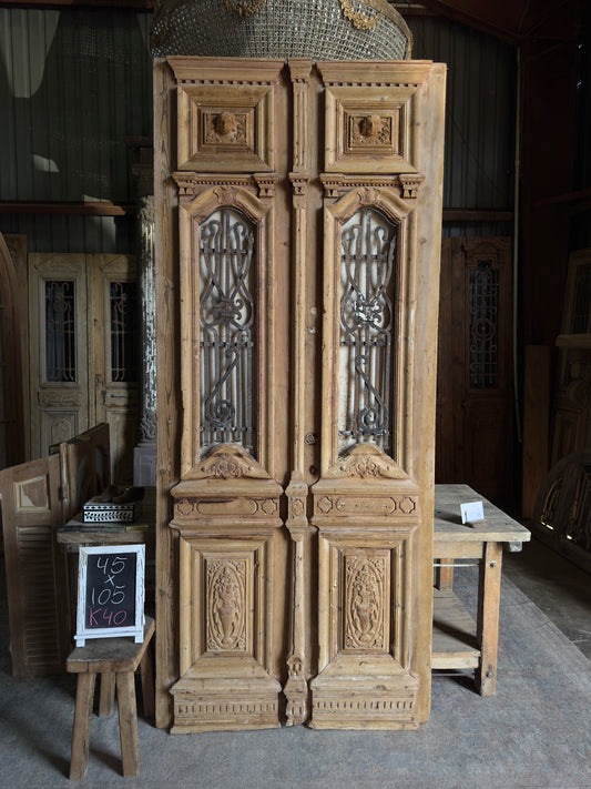 Ornate Carved Antique Iron French Doors - 45x105 K40