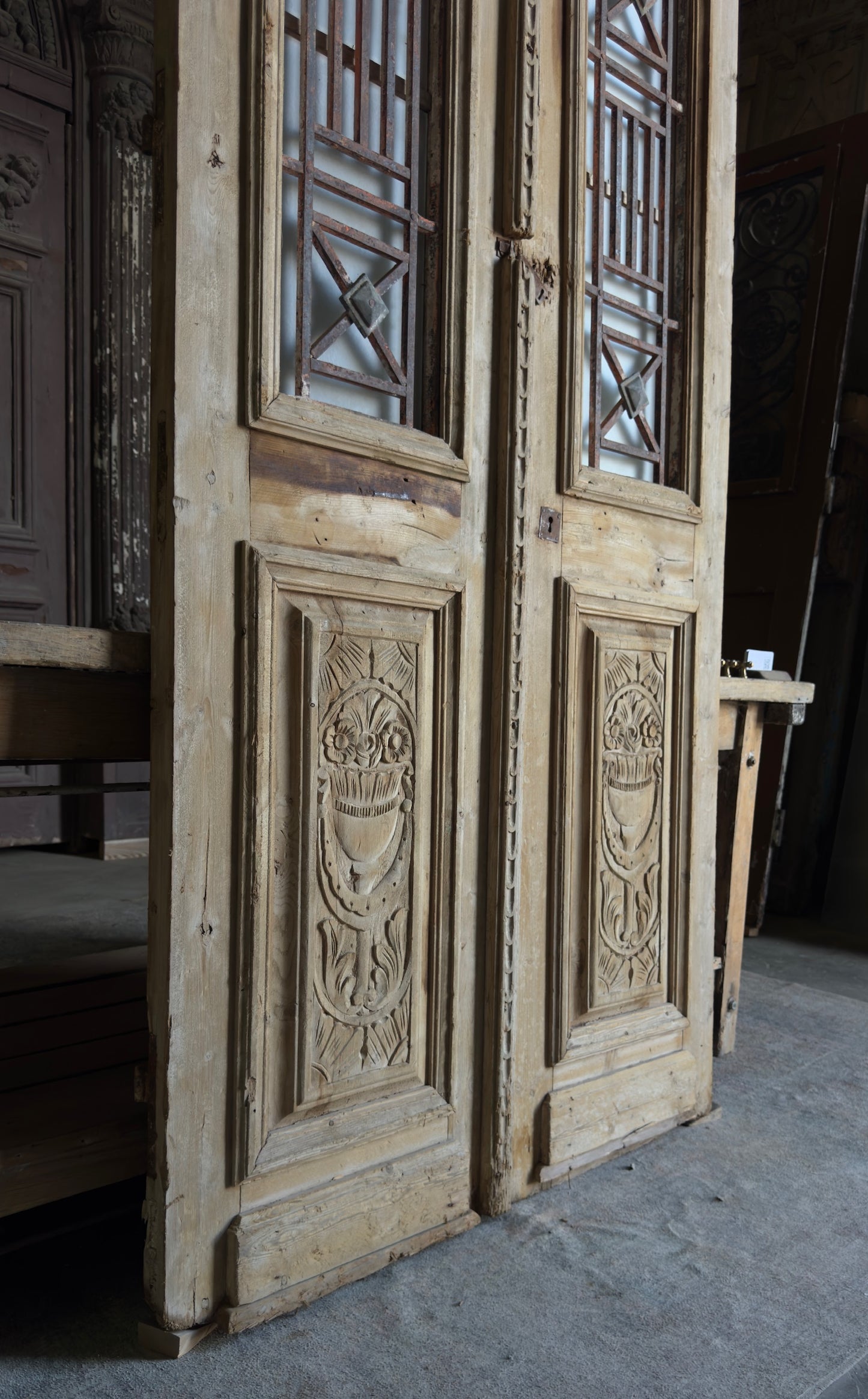 Carved Antique Iron French Doors - 41.75x98 - L478