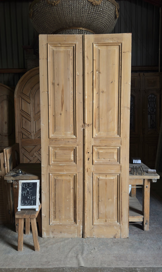 Raised Molding 3 Panel Antique Solid French Doors - 43.5x99.5 - L359