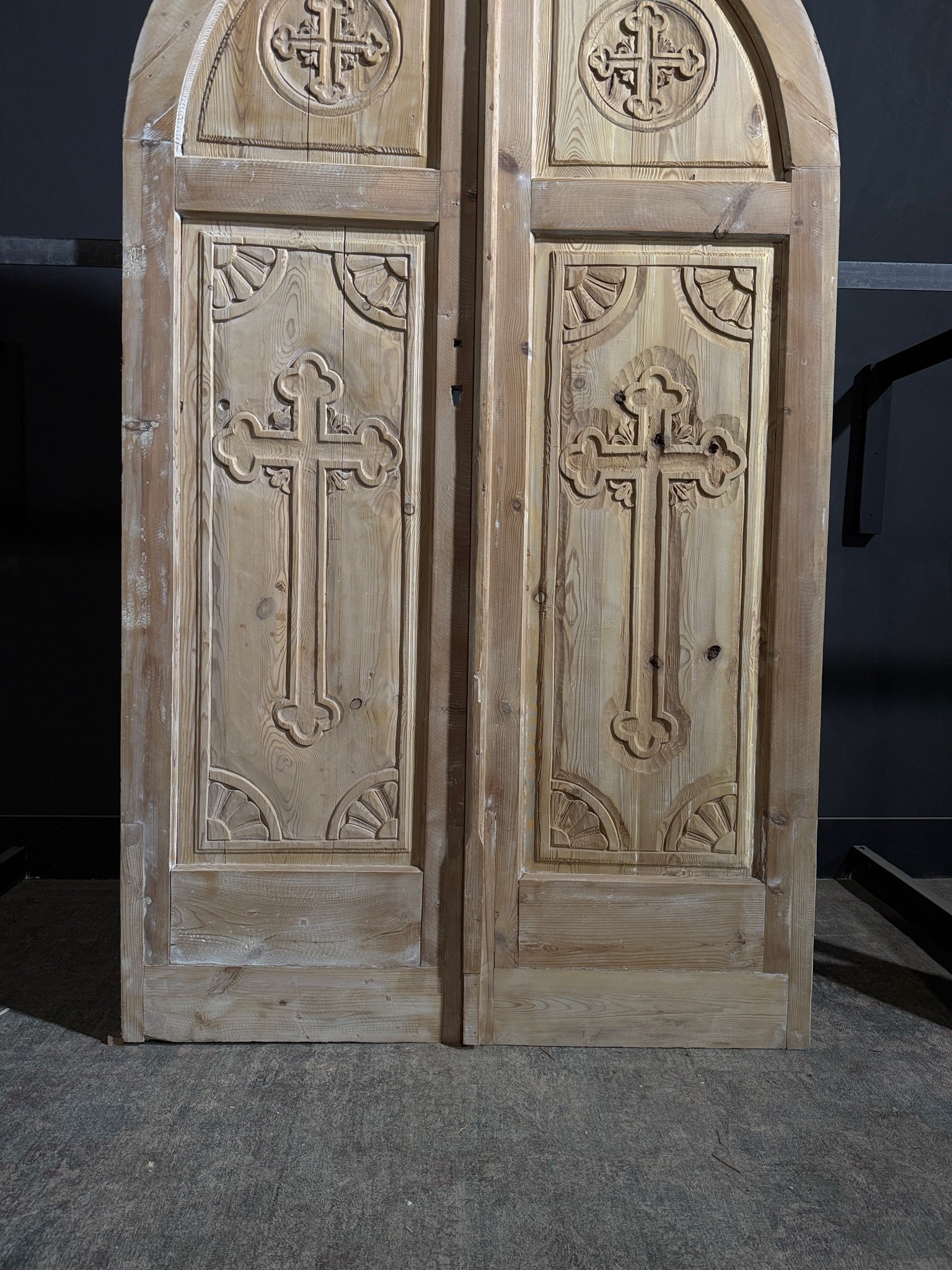 Antique Carved 2 Panel Arched Double Doors - 52x90.5 - N258