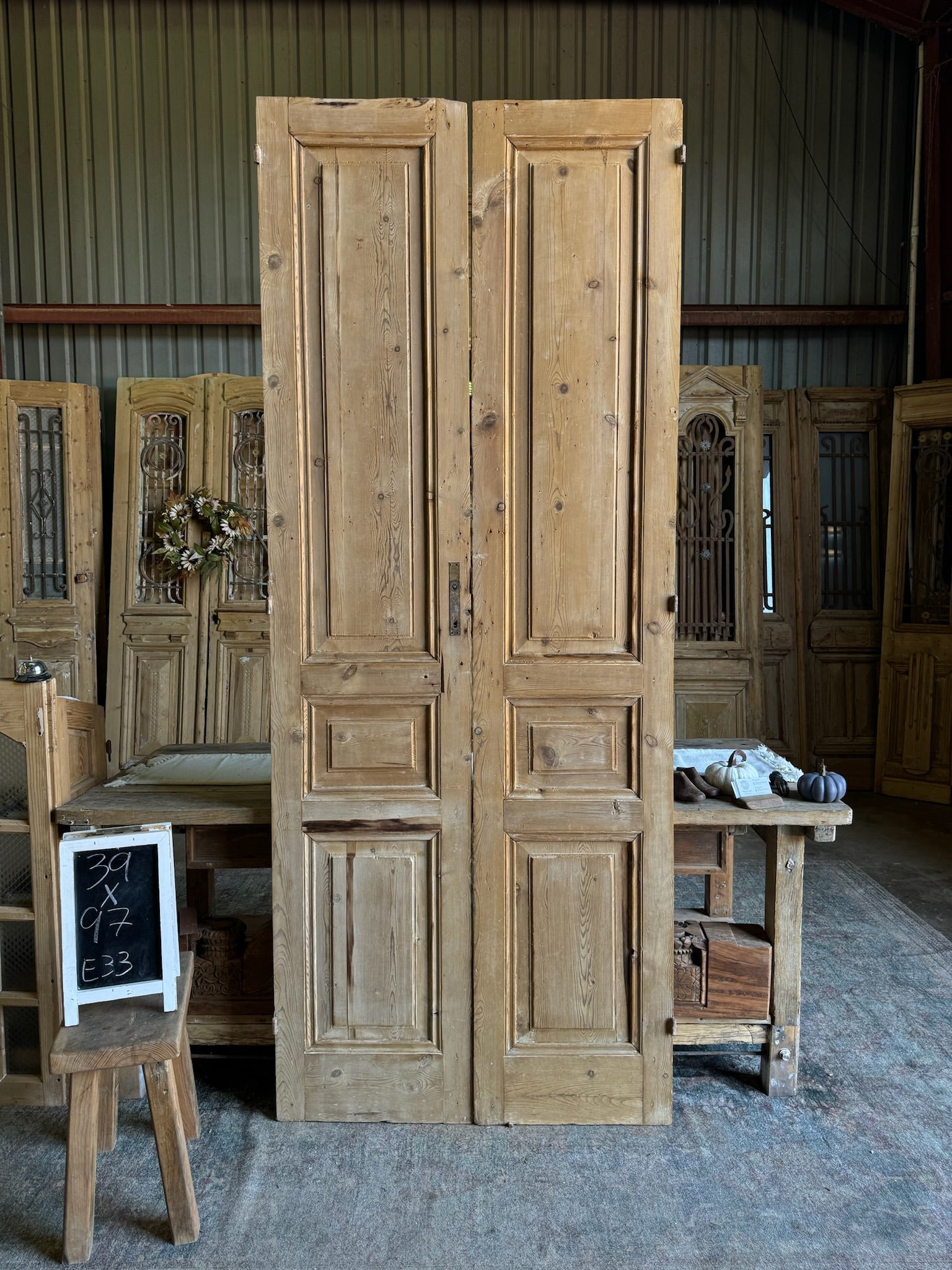 3 Panel Antique Solid French Doors - 39x97 E33 - Magnolia Antique Door Co.