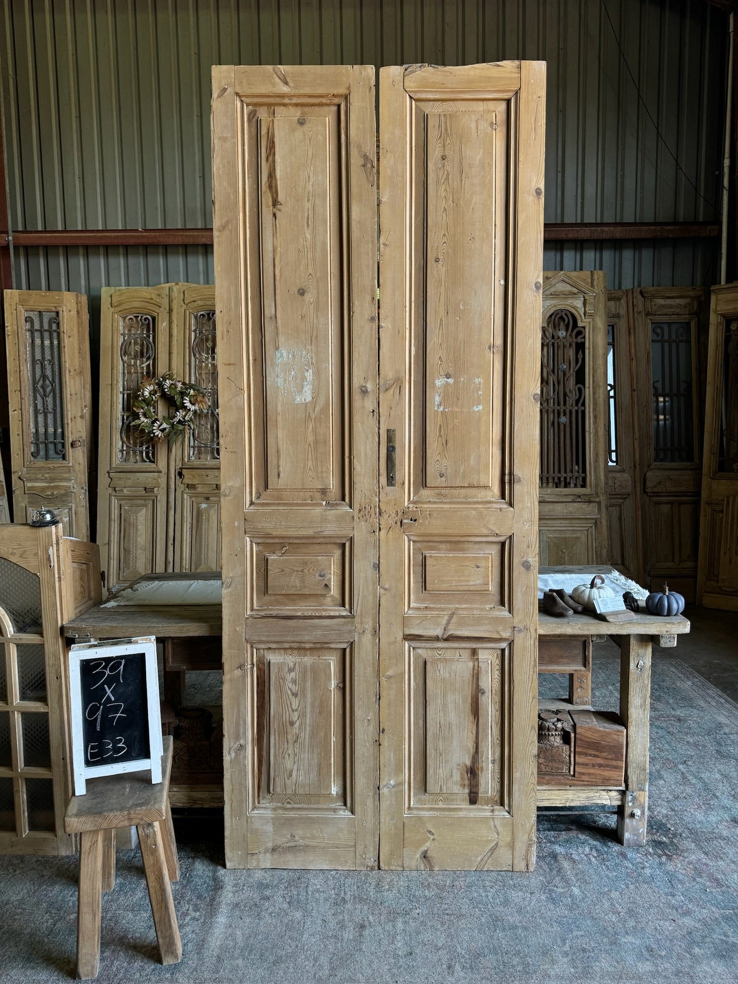 3 Panel Antique Solid French Doors - 39x97 E33 - Magnolia Antique Door Co.