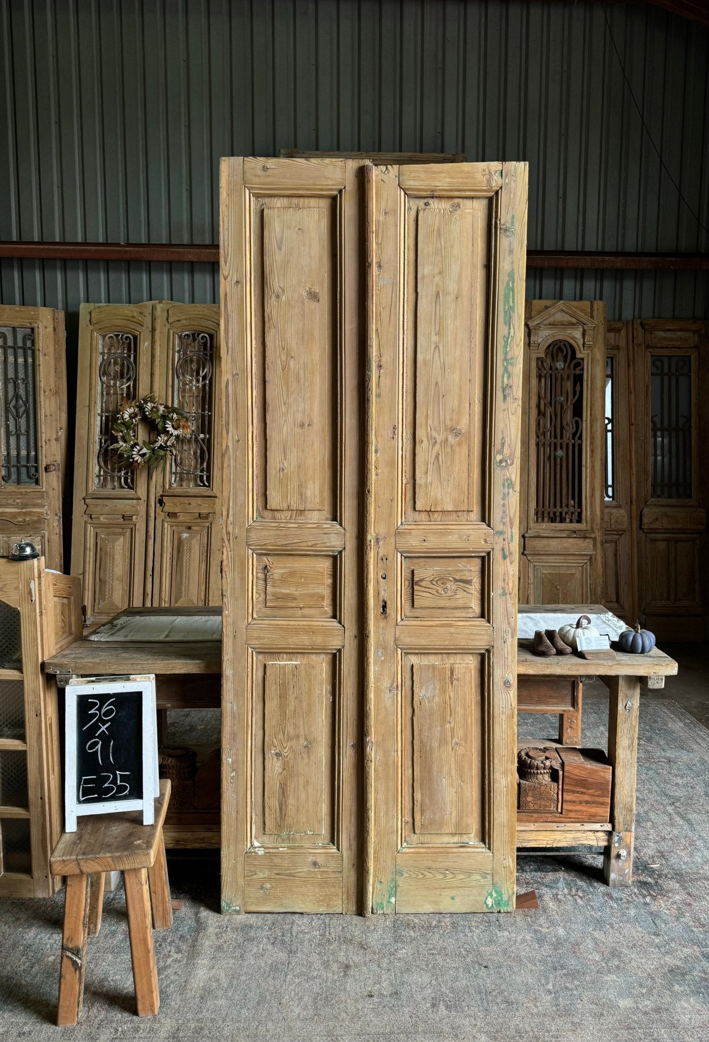 3 Panel Solid Antique French Doors - 36x91 E35 - Magnolia Antique Door Co.