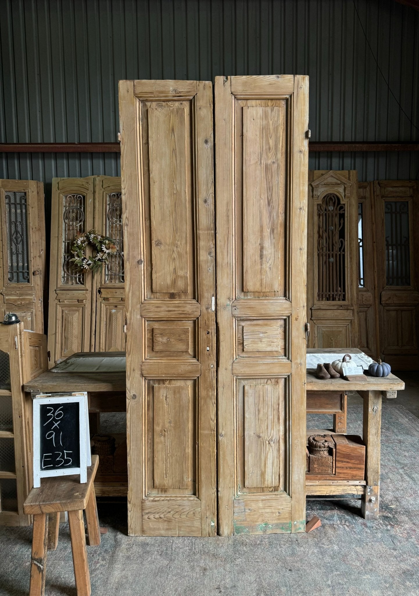 3 Panel Solid Antique French Doors - 36x91 E35 - Magnolia Antique Door Co.