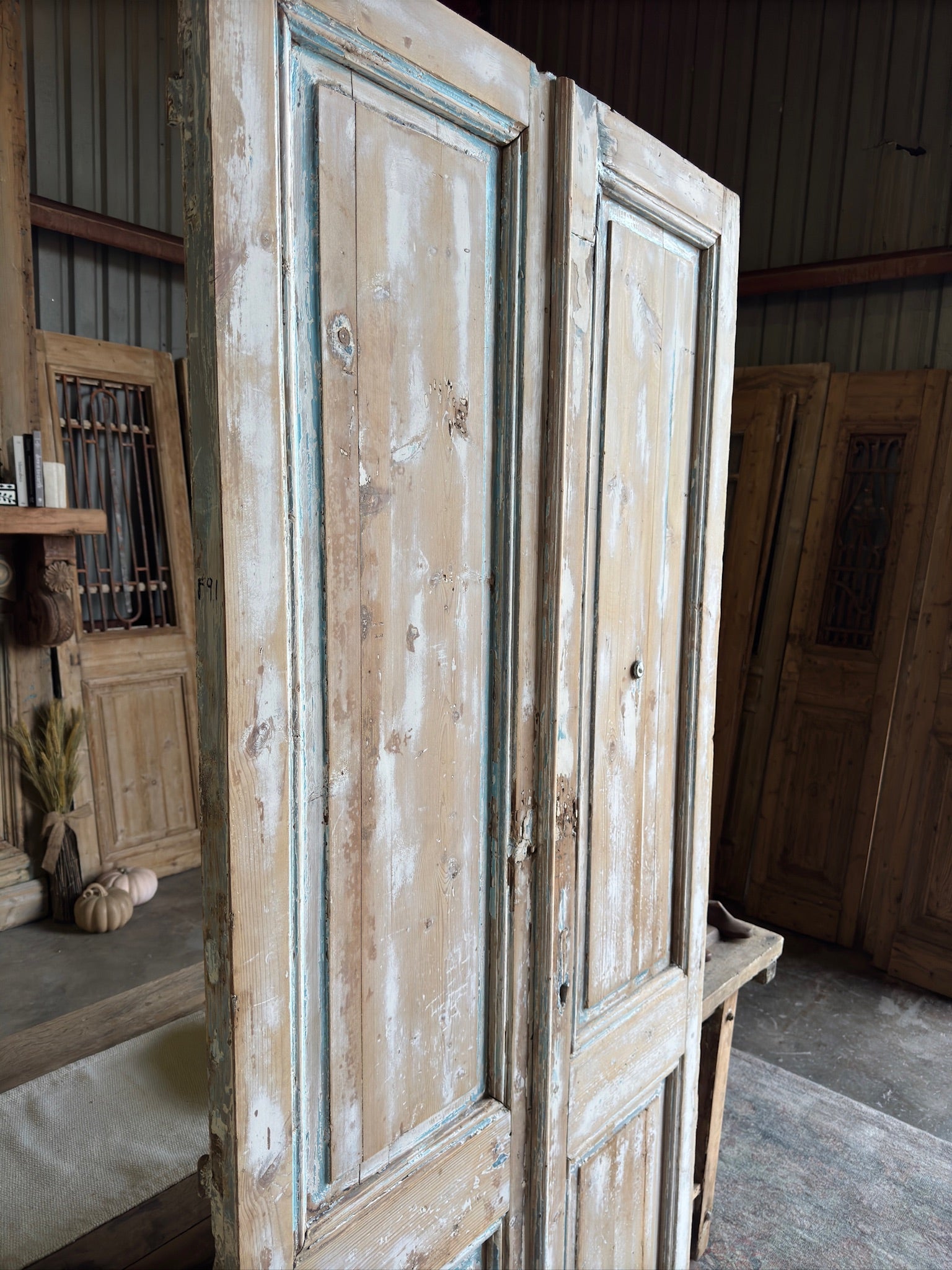 3 Panel Solid Antique French Doors - 39.5x88.5 F91 - Magnolia Antique Door Co.