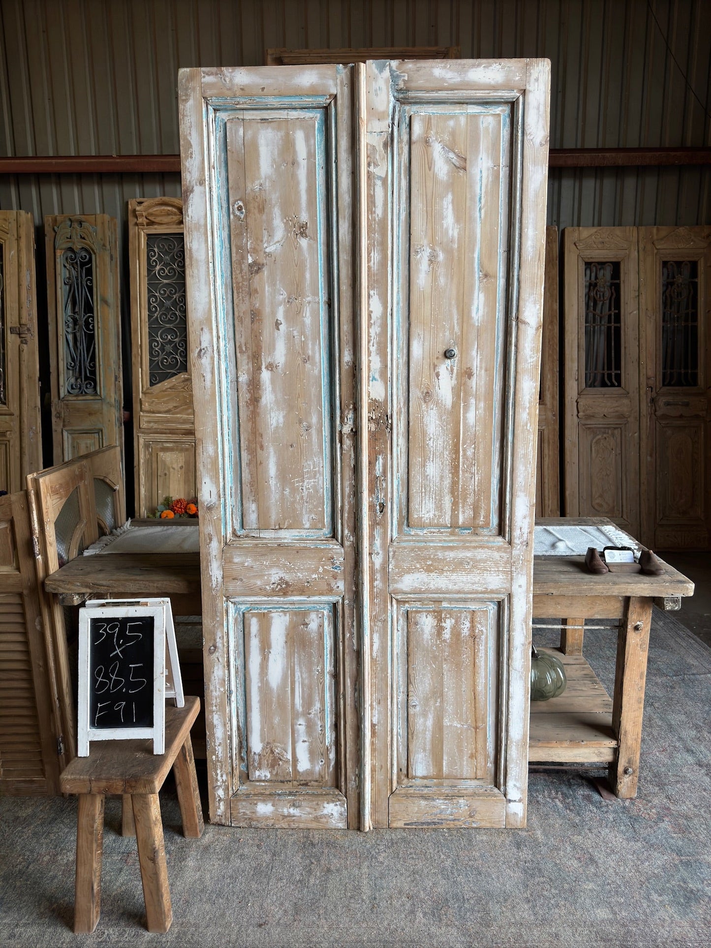 3 Panel Solid Antique French Doors - 39.5x88.5 F91 - Magnolia Antique Door Co.