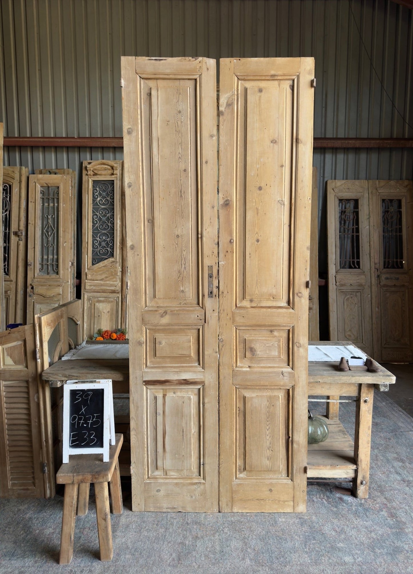 3 Panel Solid Antique French Doors - 39x97.75 E33 - Magnolia Antique Door Co.