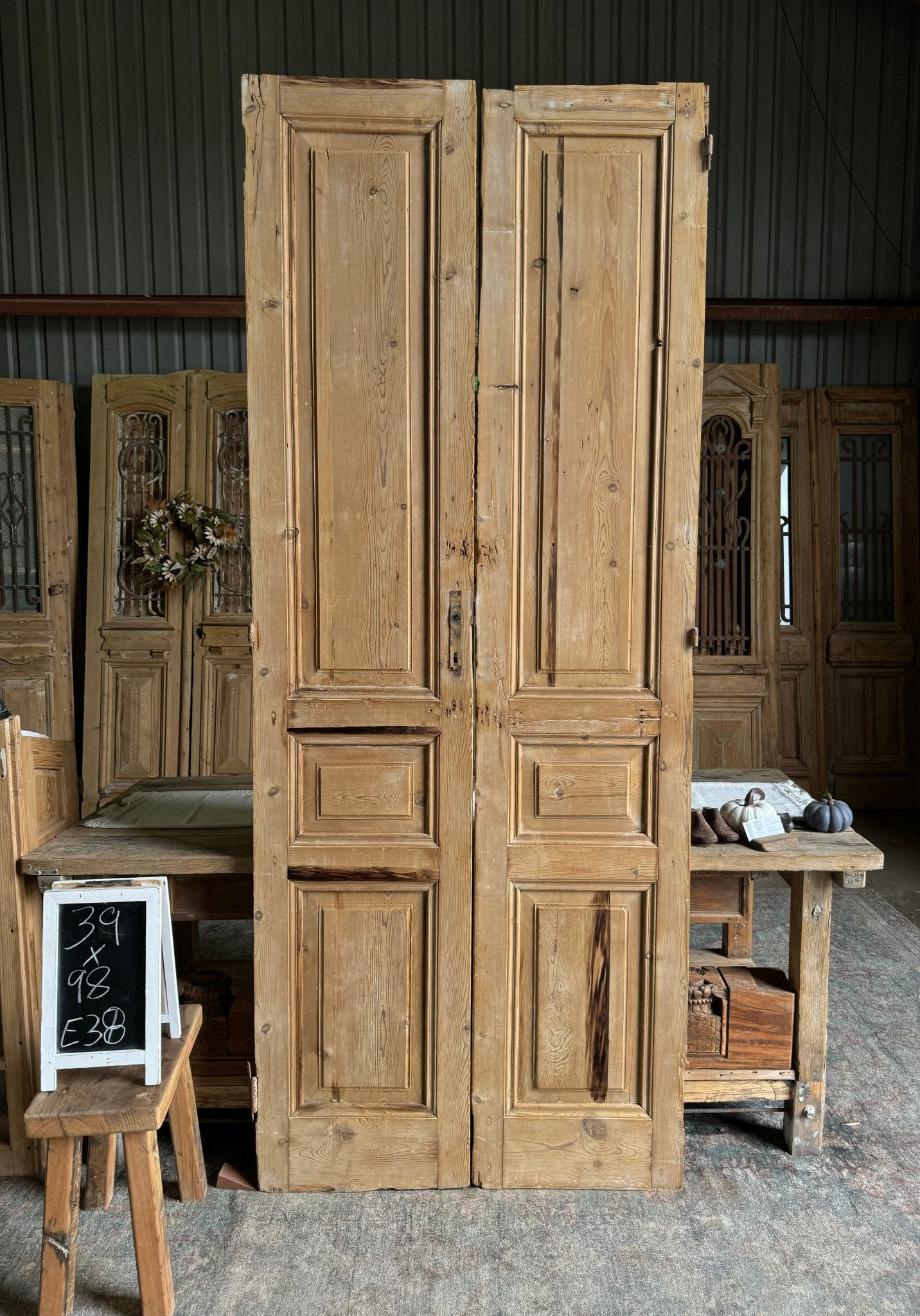 3 Panel Solid Antique French Doors - 39x98 E38 - Magnolia Antique Door Co.