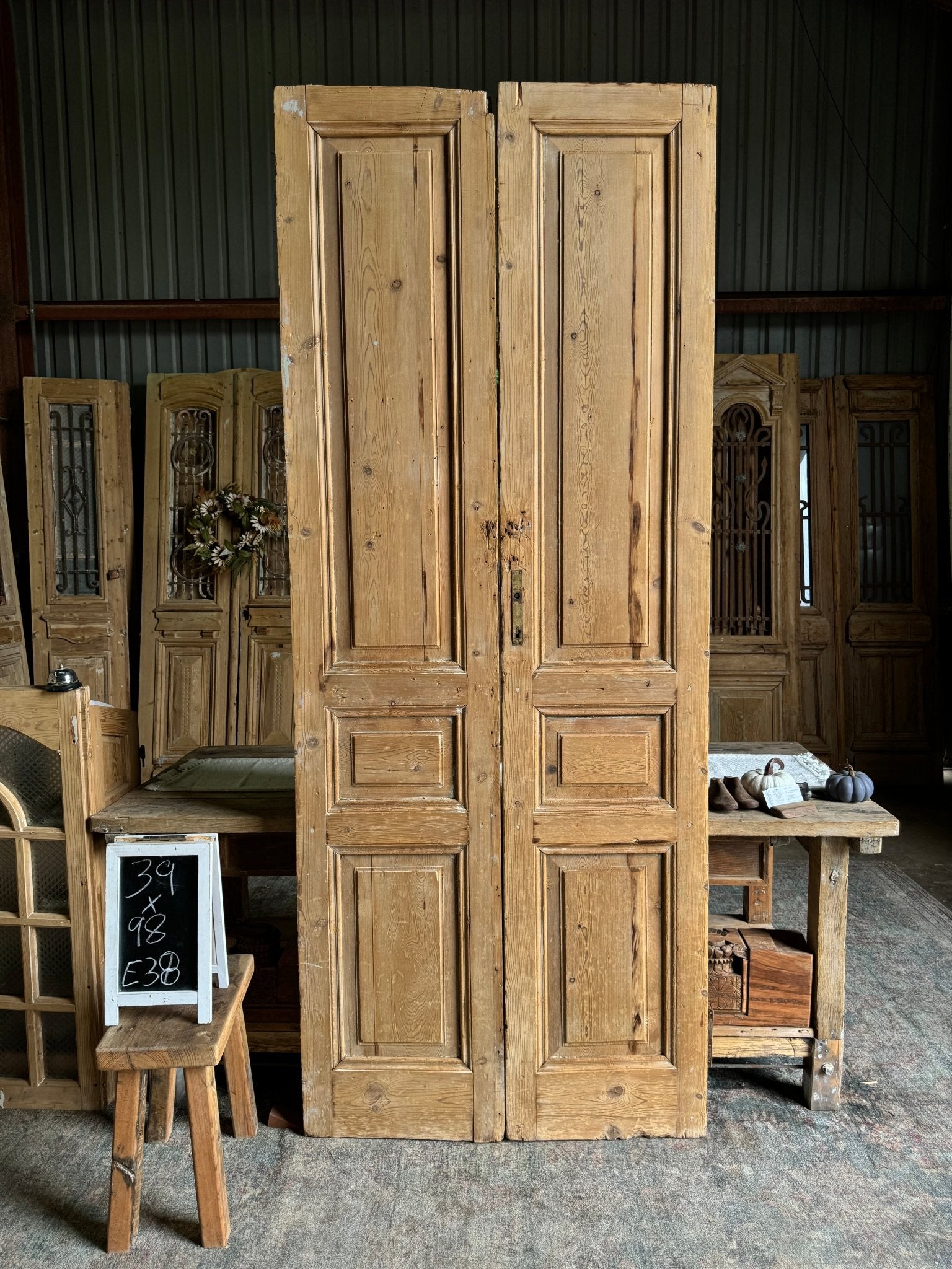 3 Panel Solid Antique French Doors - 39x98 E38 - Magnolia Antique Door Co.