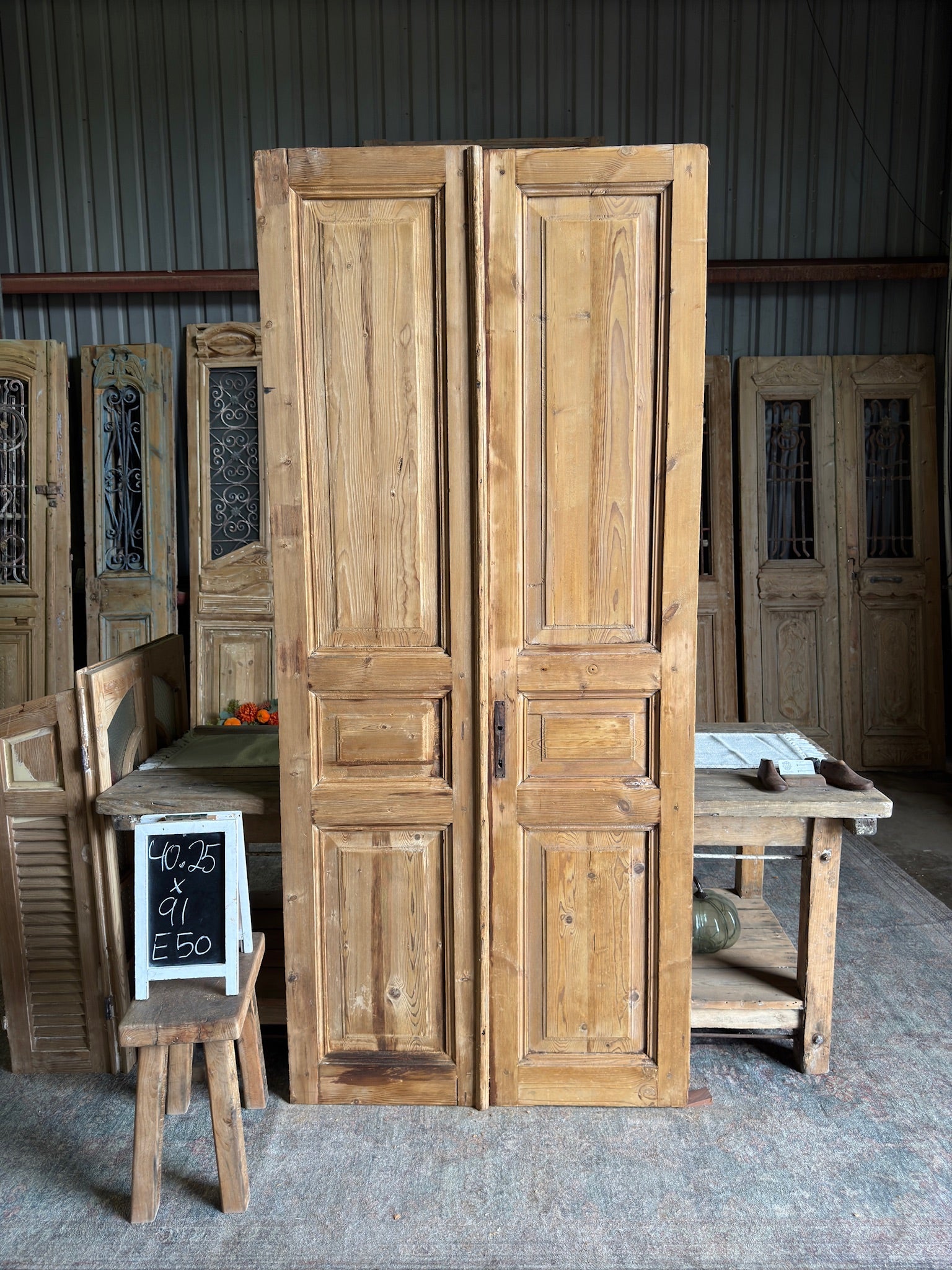 3 Panel Solid Antique French Doors - 40.25x91 E50 - Magnolia Antique Door Co.