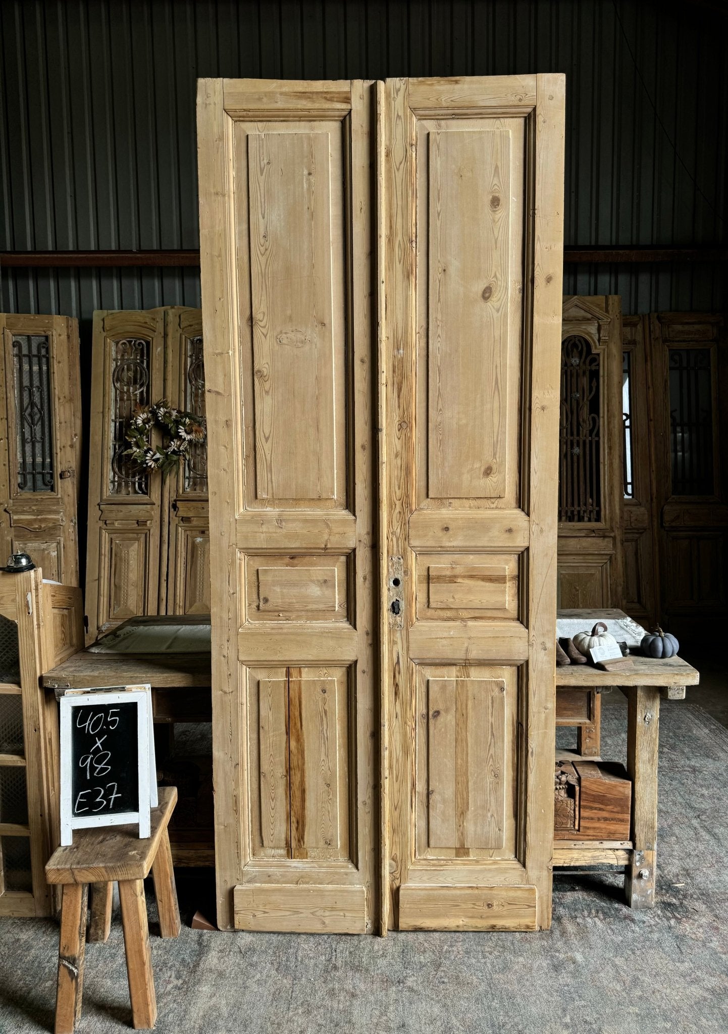 3 Panel Solid Antique French Doors - 40.5x98 E37 - Magnolia Antique Door Co.