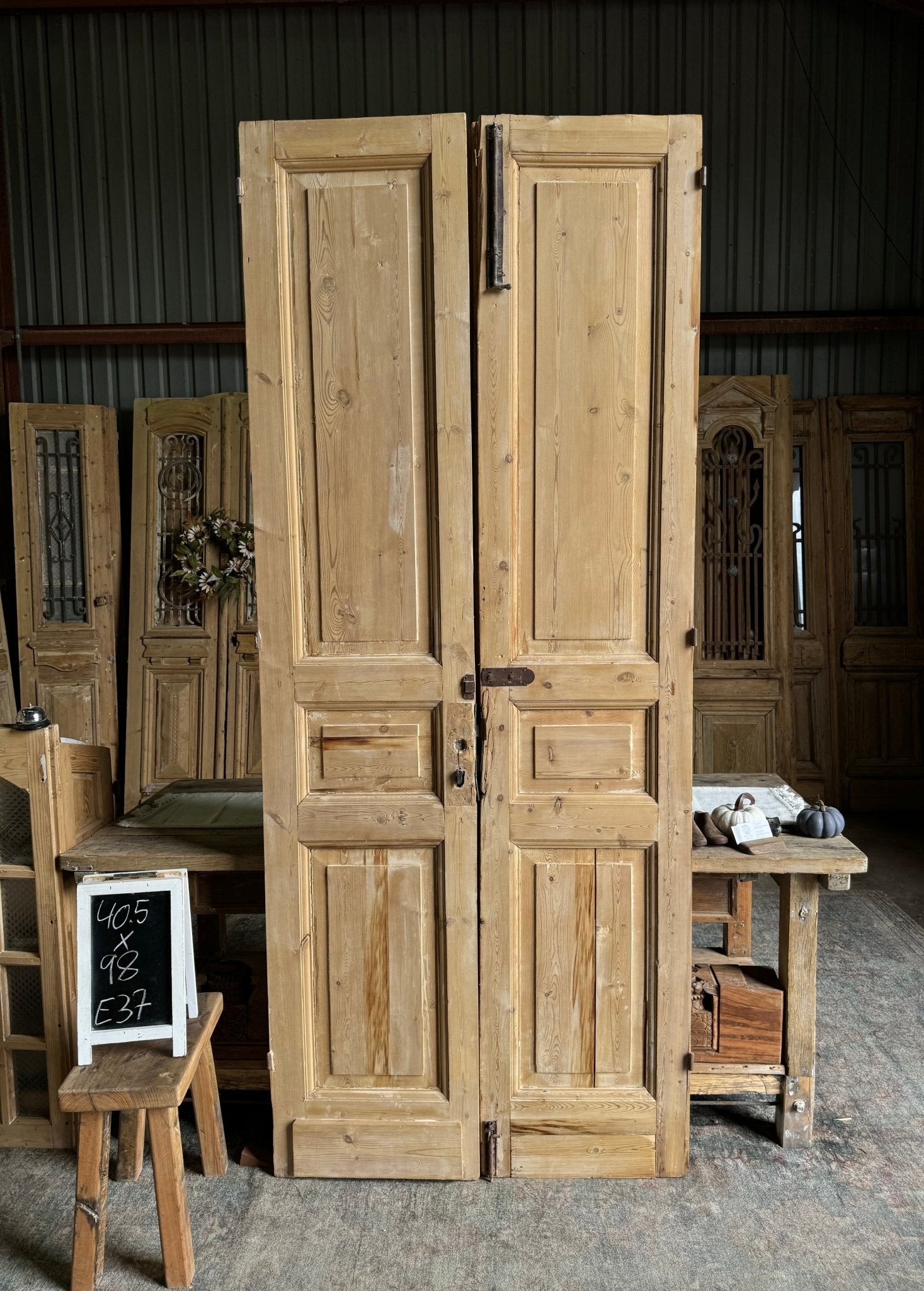 3 Panel Solid Antique French Doors - 40.5x98 E37 - Magnolia Antique Door Co.