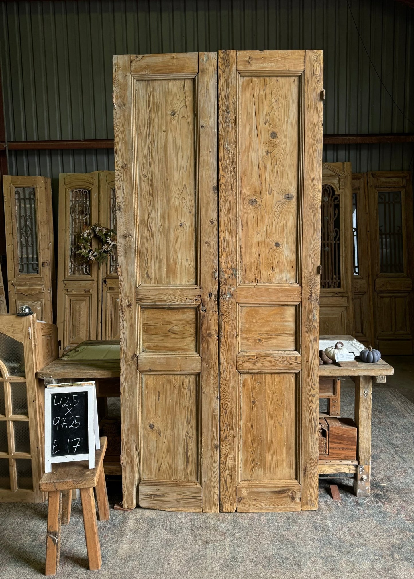 3 Panel Solid Antique French Doors - 42.5x97.25 E17 - Magnolia Antique Door Co.