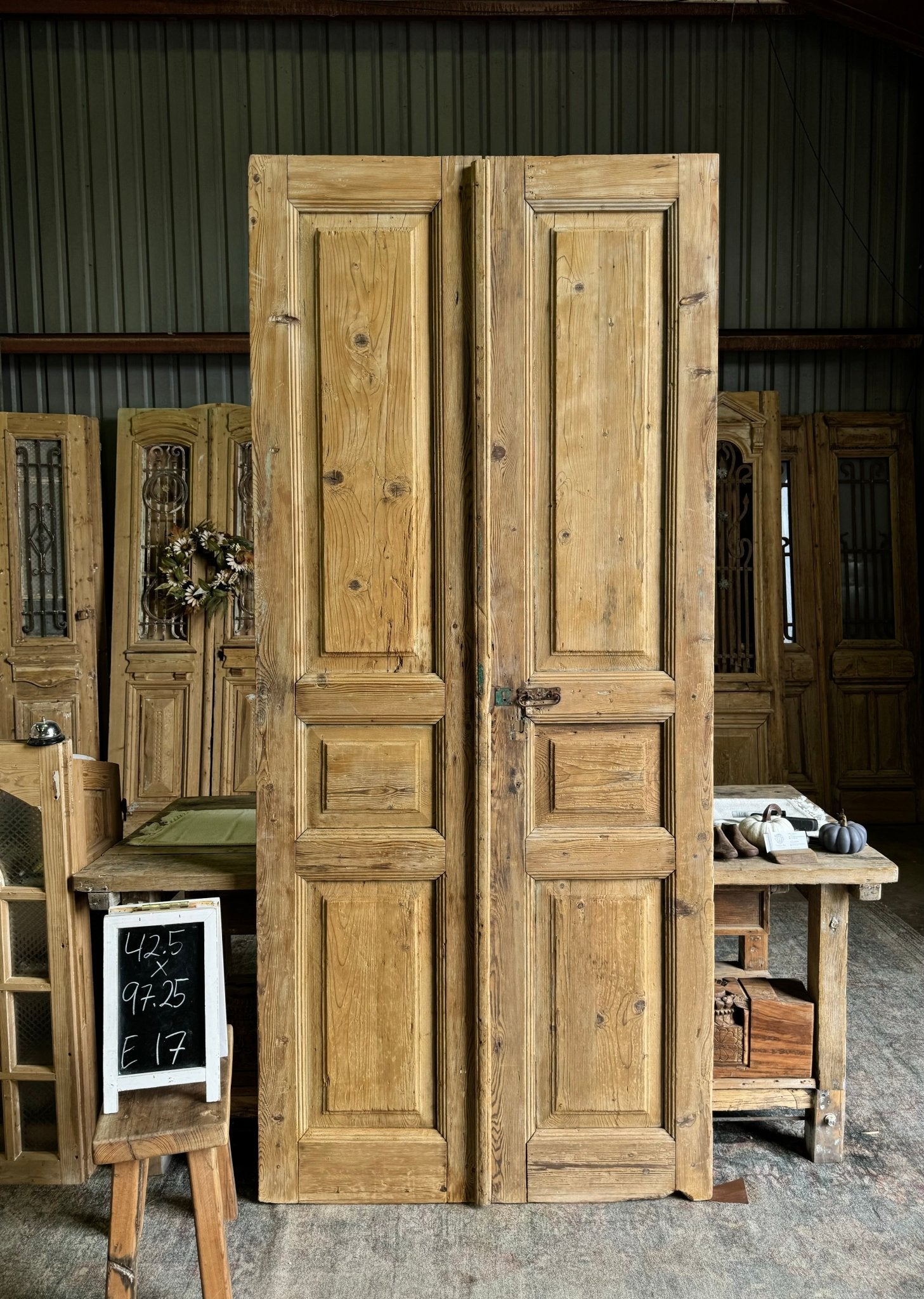 3 Panel Solid Antique French Doors - 42.5x97.25 E17 - Magnolia Antique Door Co.