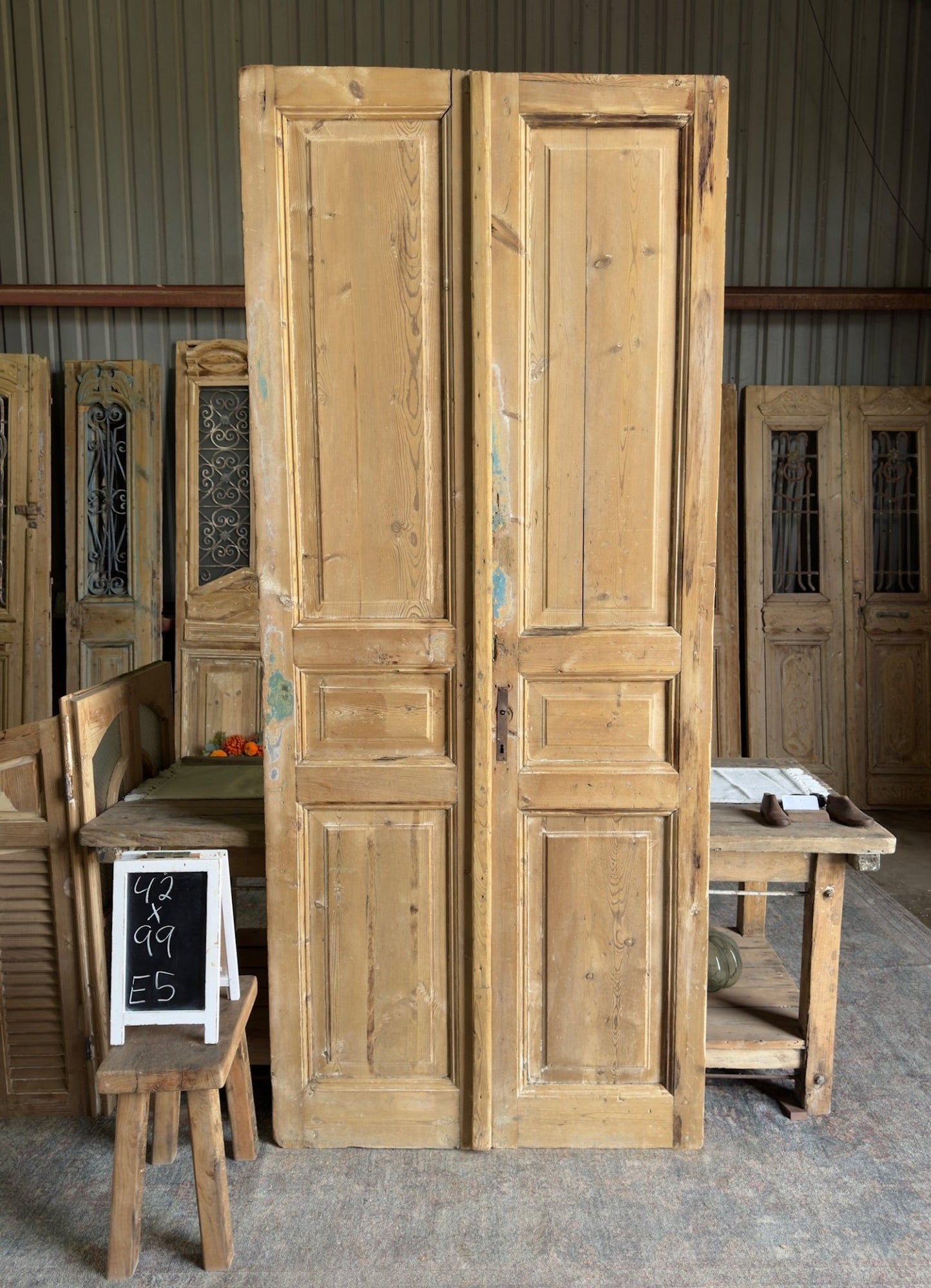 3 Panel Solid Antique French Doors - 42X99 E5 - Magnolia Antique Door Co.