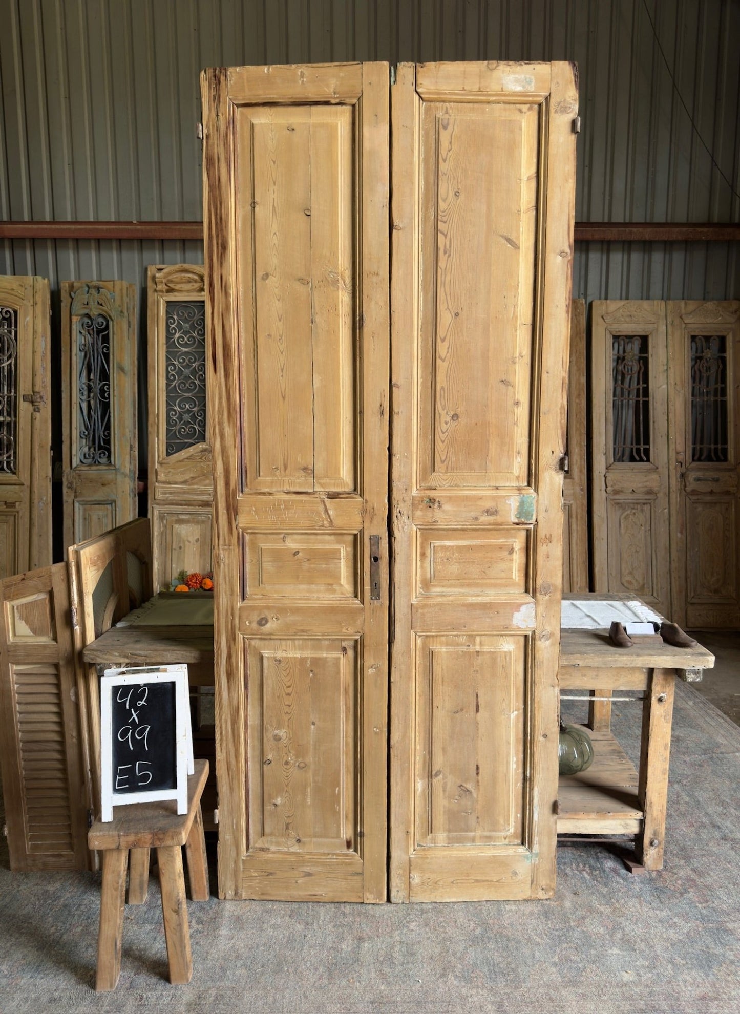 3 Panel Solid Antique French Doors - 42X99 E5 - Magnolia Antique Door Co.