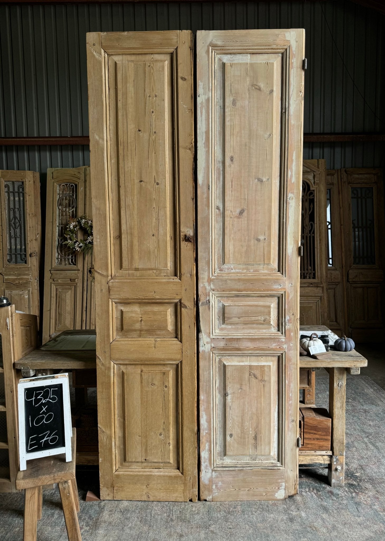 3 Panel Solid Antique French Doors - 43.25x100 E76 - Magnolia Antique Door Co.