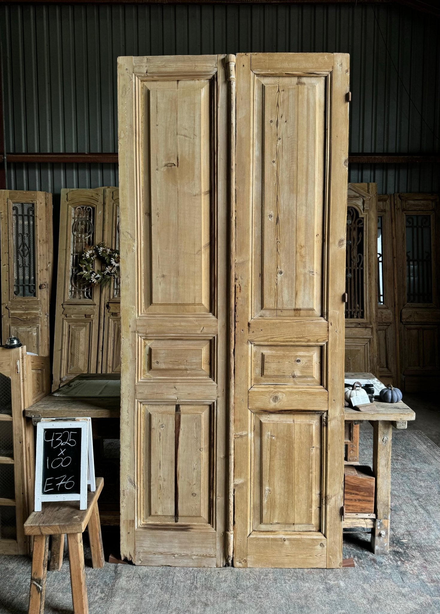 3 Panel Solid Antique French Doors - 43.25x100 E76 - Magnolia Antique Door Co.