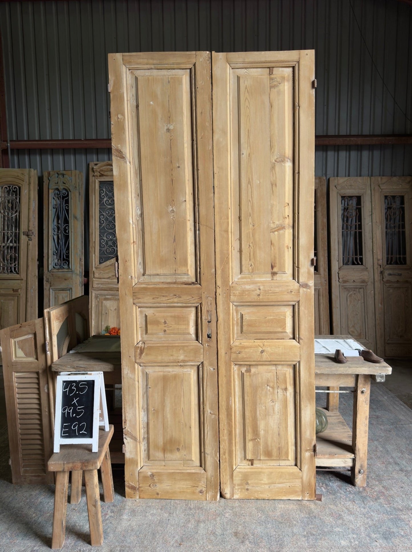 3 Panel Solid Antique French Doors - 43.5x99.5 E92 - Magnolia Antique Door Co.