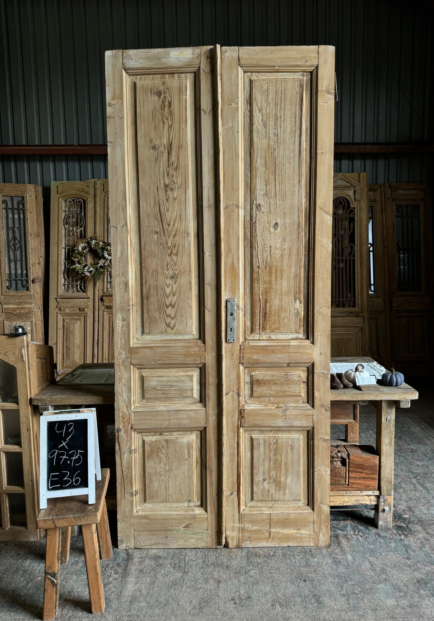 3 Panel Solid Antique French Doors - 43x97.75 E36 - Magnolia Antique Door Co.