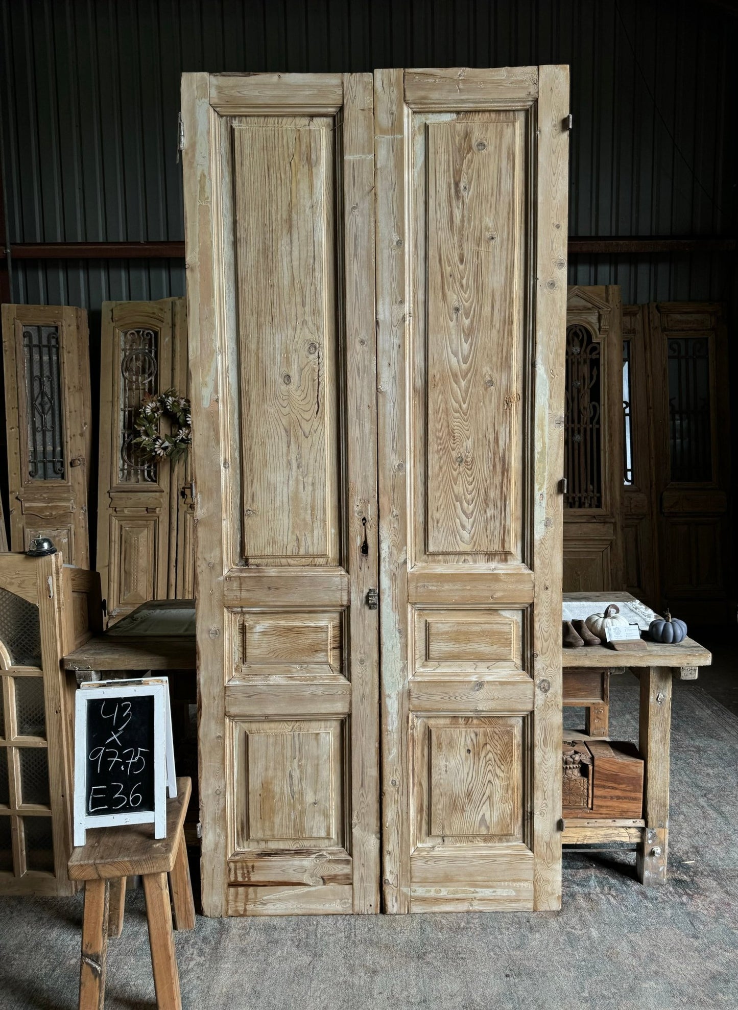 3 Panel Solid Antique French Doors - 43x97.75 E36 - Magnolia Antique Door Co.