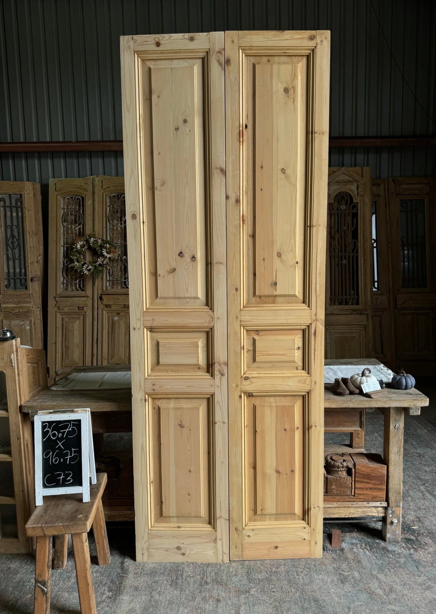 3 Panel Solid Reclaimed French Doors - 36.75x96.75 C73 - Magnolia Antique Door Co.