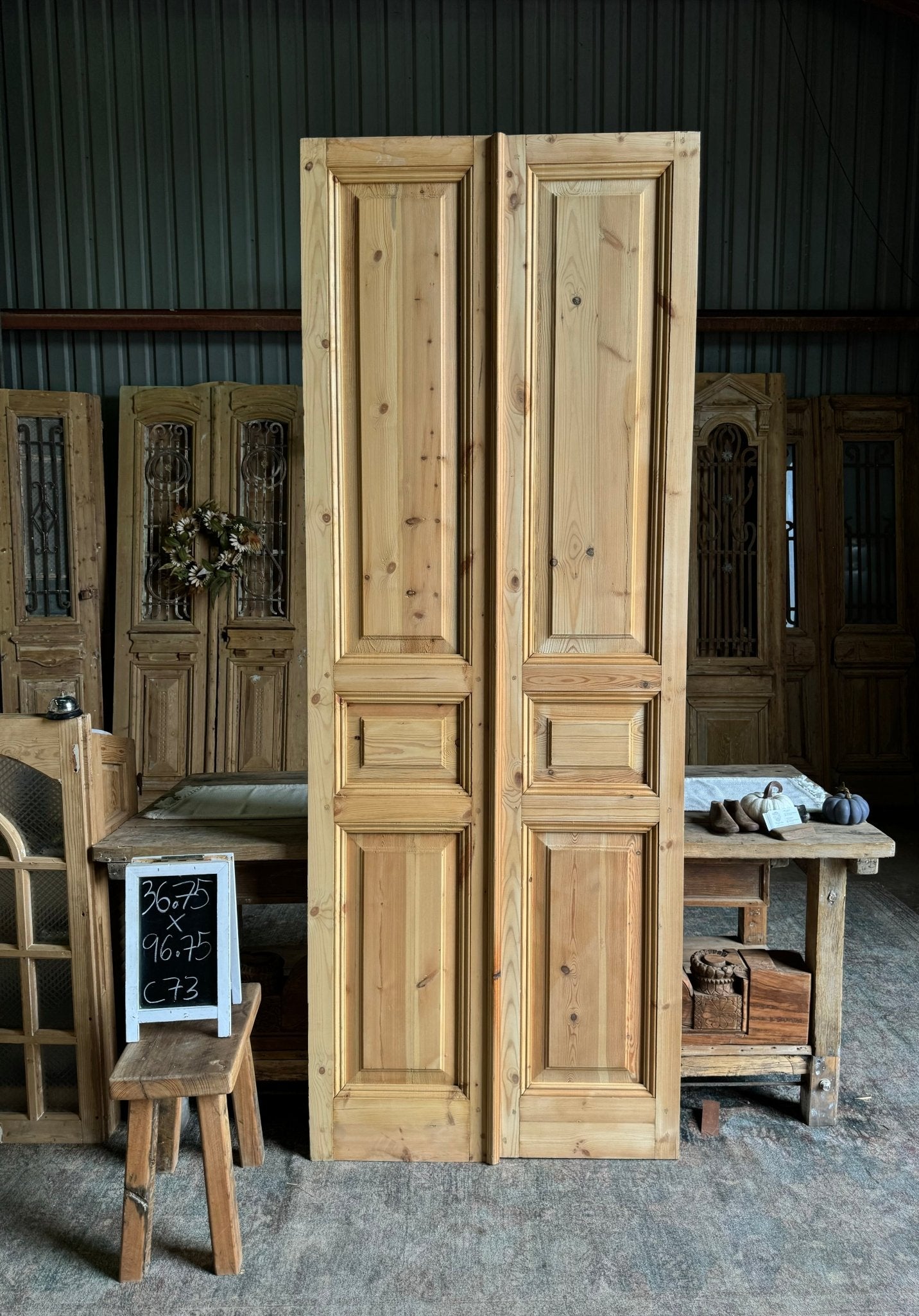 3 Panel Solid Reclaimed French Doors - 36.75x96.75 C73 - Magnolia Antique Door Co.