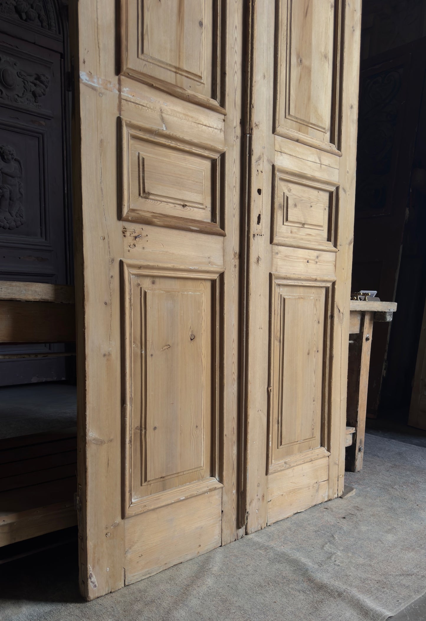 Raised Molding 3 Panel Antique Solid French Doors - 43.5x100 - L357