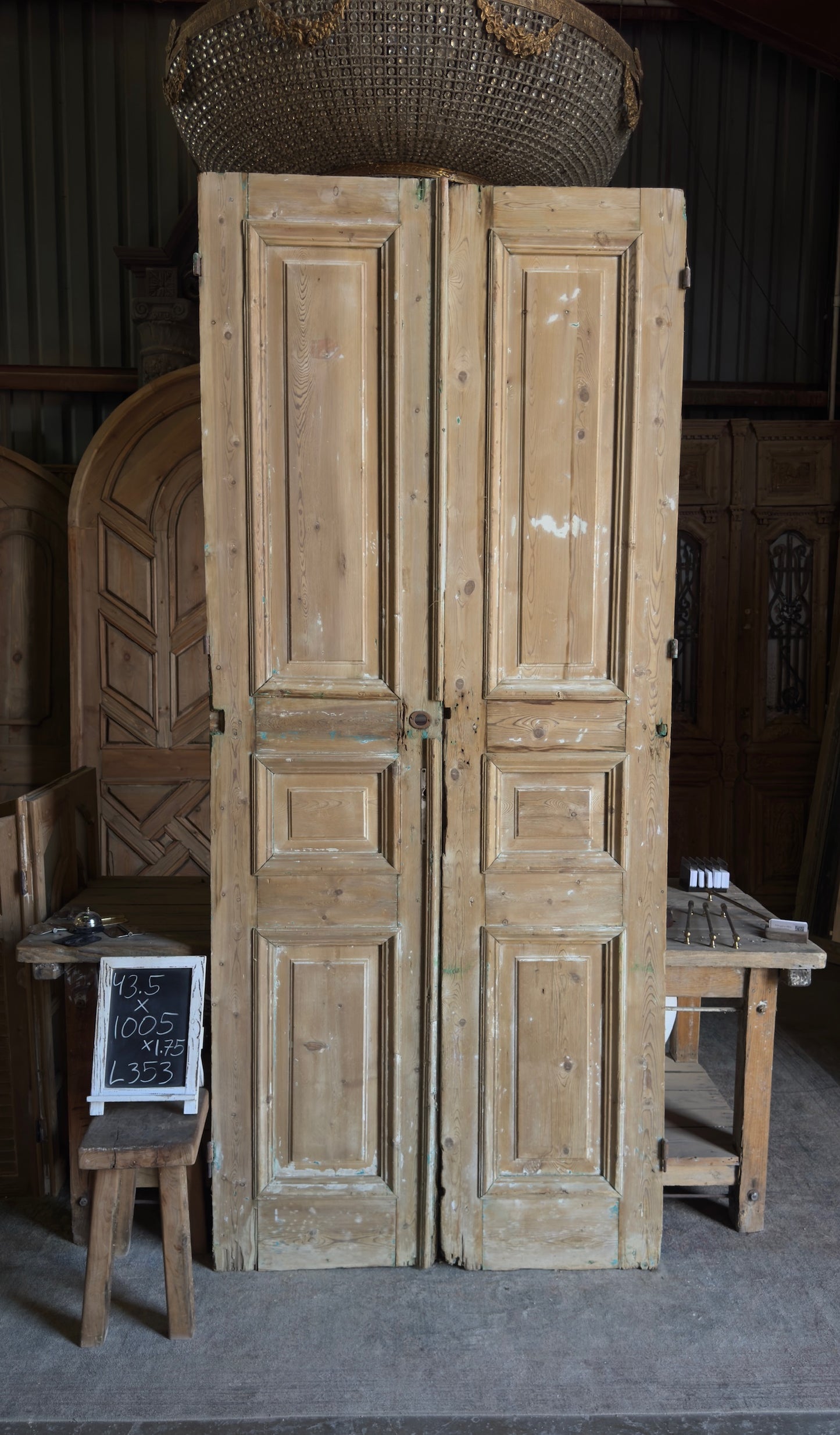 Raised Molding 3 Panel Antique Solid French Doors - 43.5x100.5 - L353