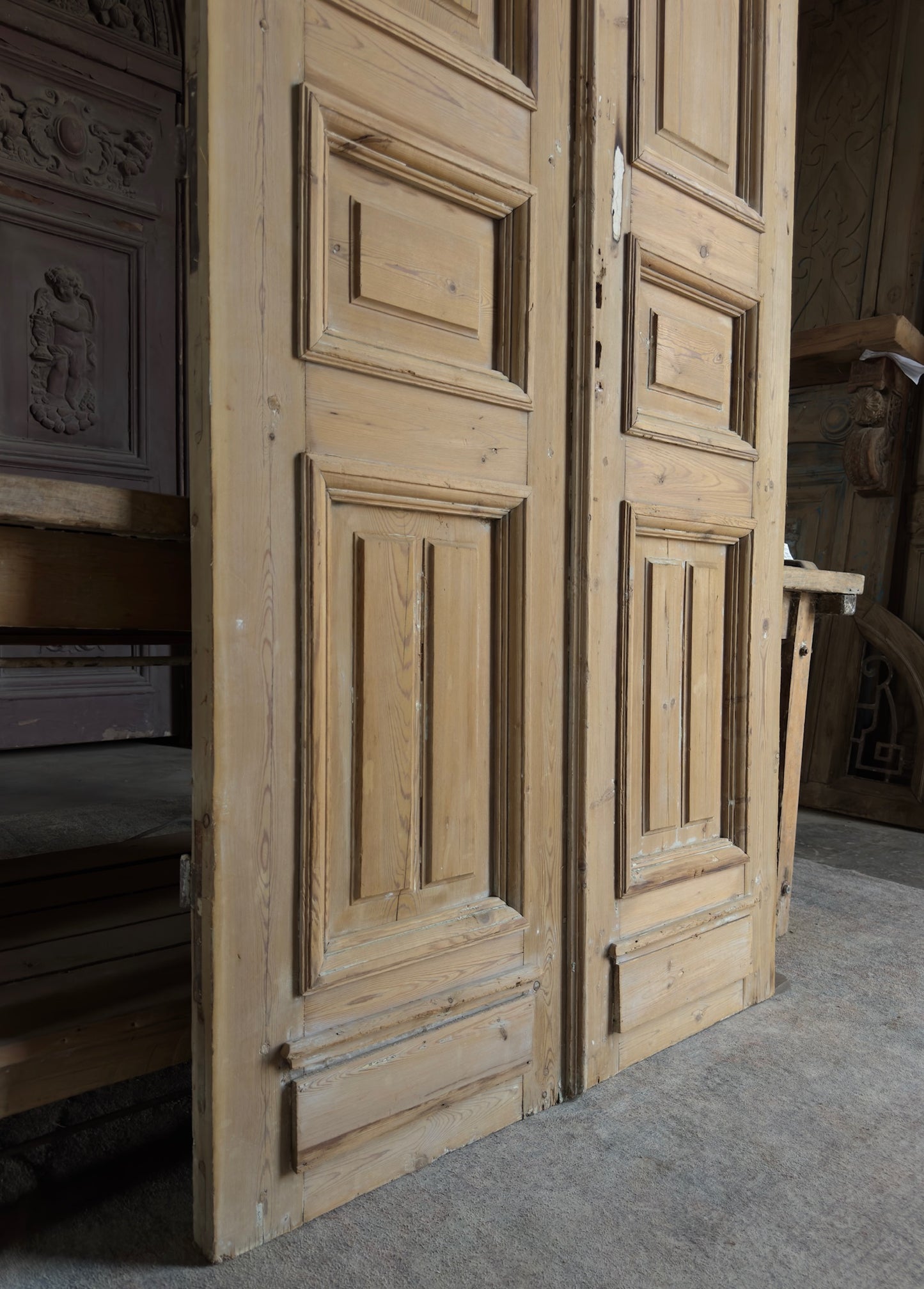 Raised Molding 3 Panel Antique Solid French Doors - 43x97 K381