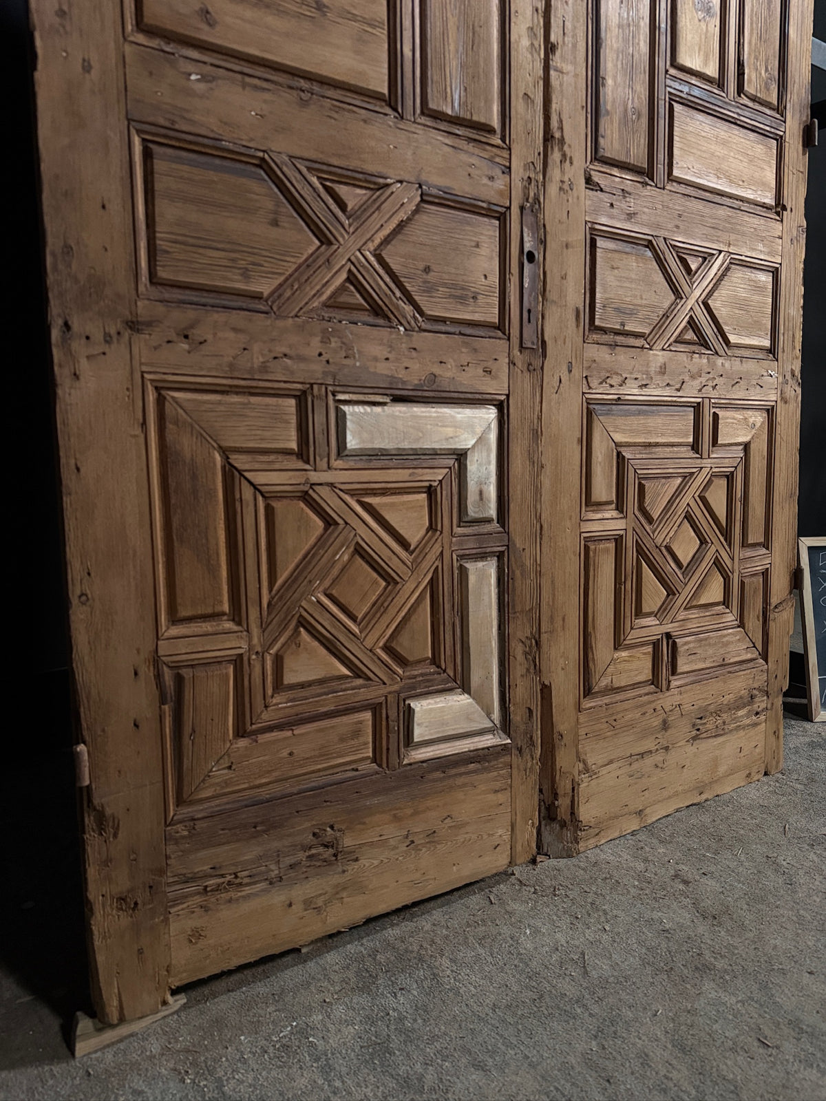 Antique Gothic Geometric Paneled Entry Double Doors - 54.5x96 - N748