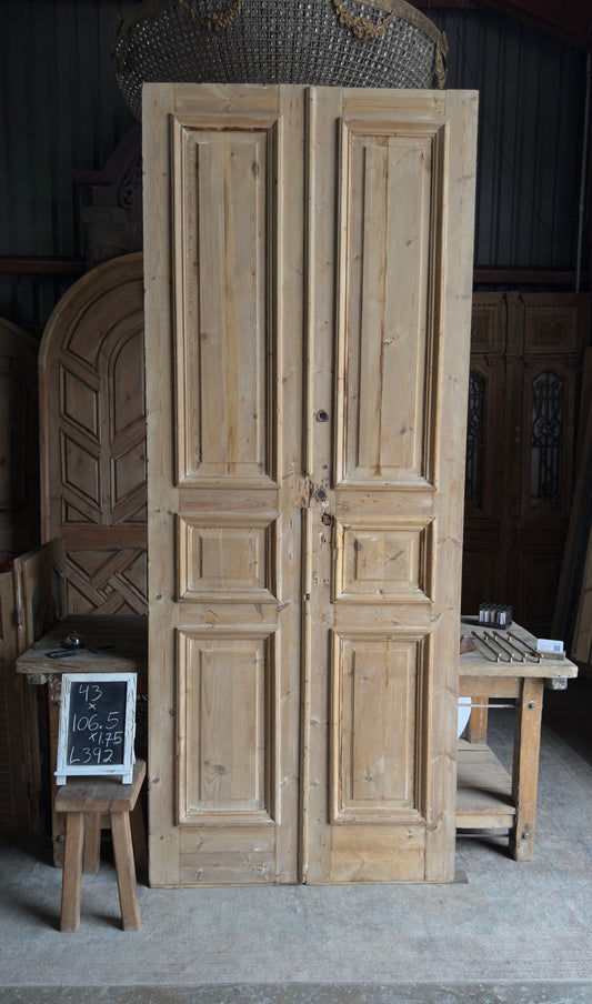 Raised Molding 3 Panel Antique Solid French Doors - 43x106.5 - L392