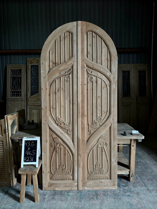 (The Merlin) Handrcrafted Arched Baltic Pine French Doors - 43.5x96.5 H231