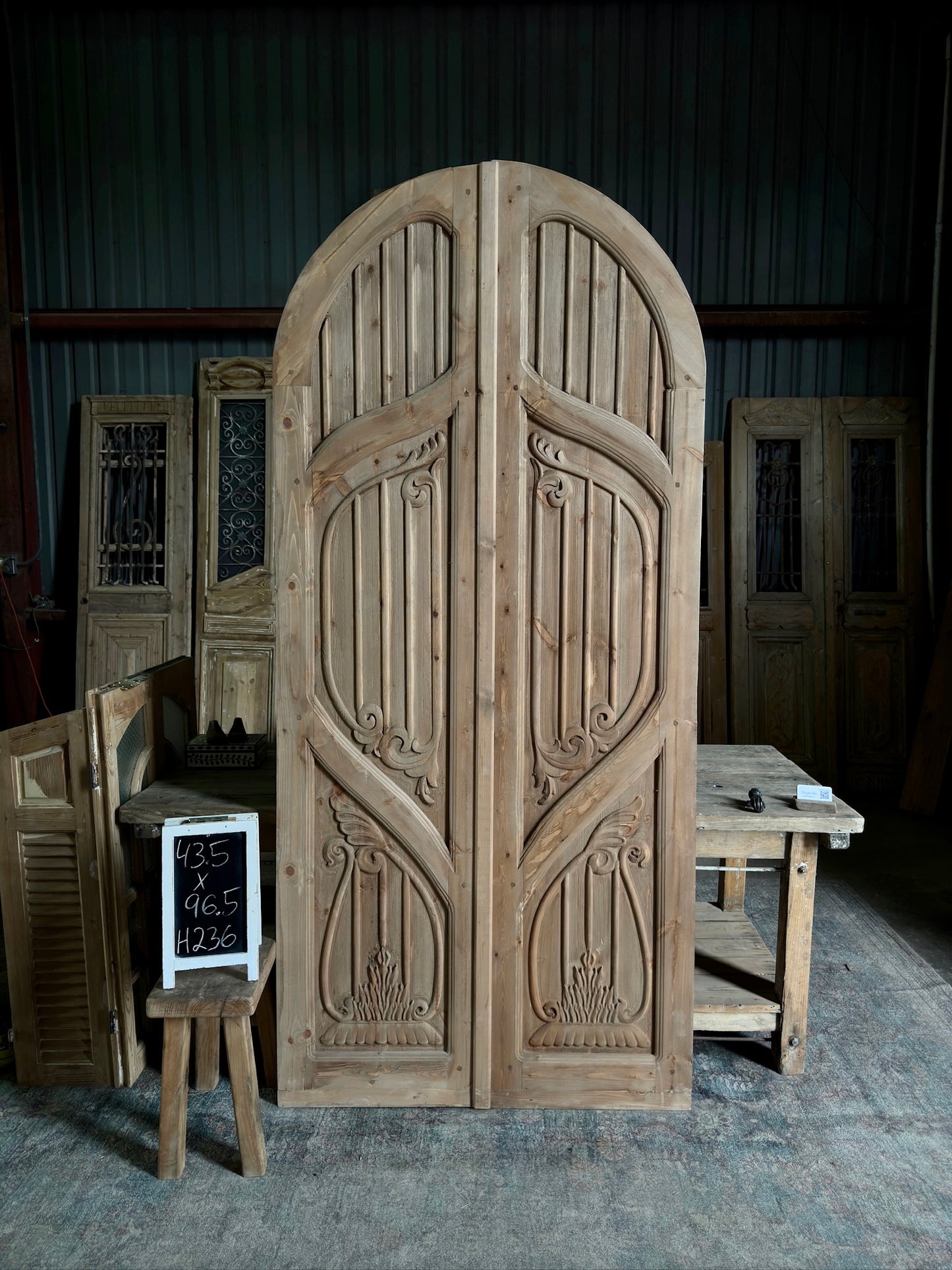 (The Merlin) Handrcrafted Arched Baltic Pine French Doors - 43.5x96.5 H236