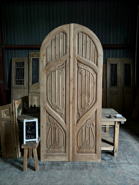 (The Merlin) Handrcrafted Arched Baltic Pine French Doors - 43.5x96.5 H236