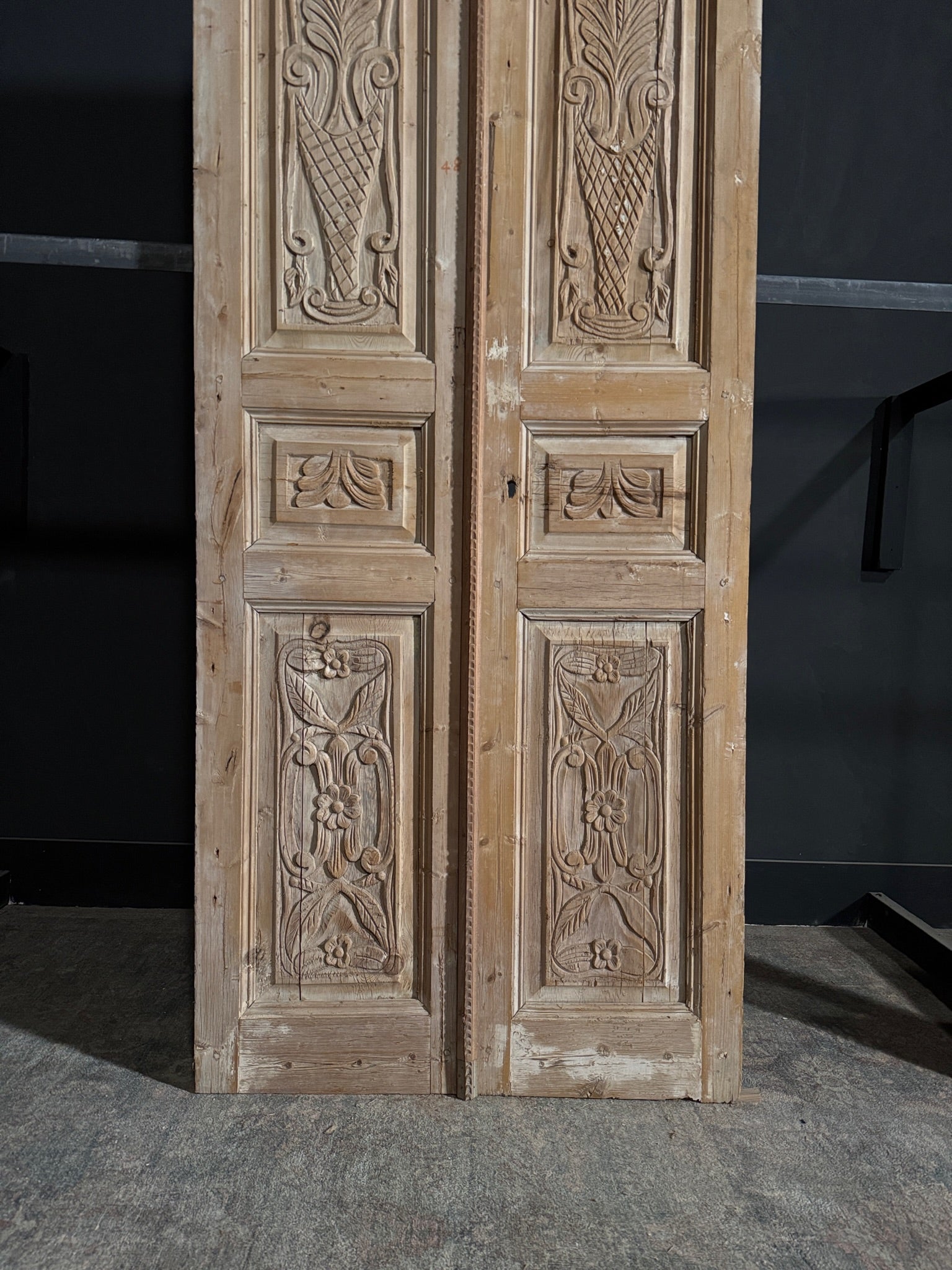 Antique Carved 3 Panel Double Doors - 39.25x105 - N122
