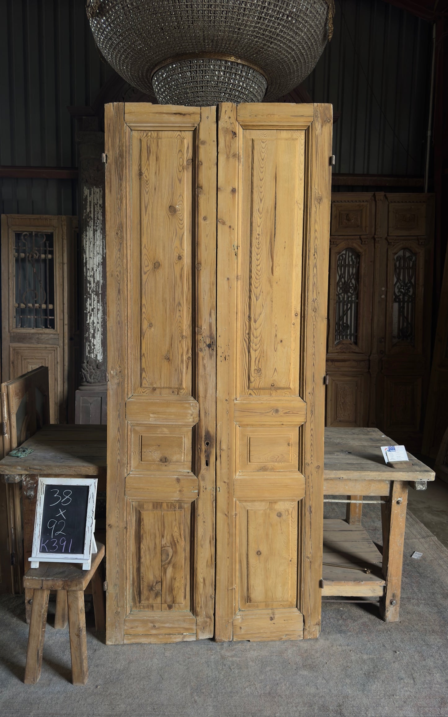 3 Panel Antique Solid French Doors - 38x92 K391