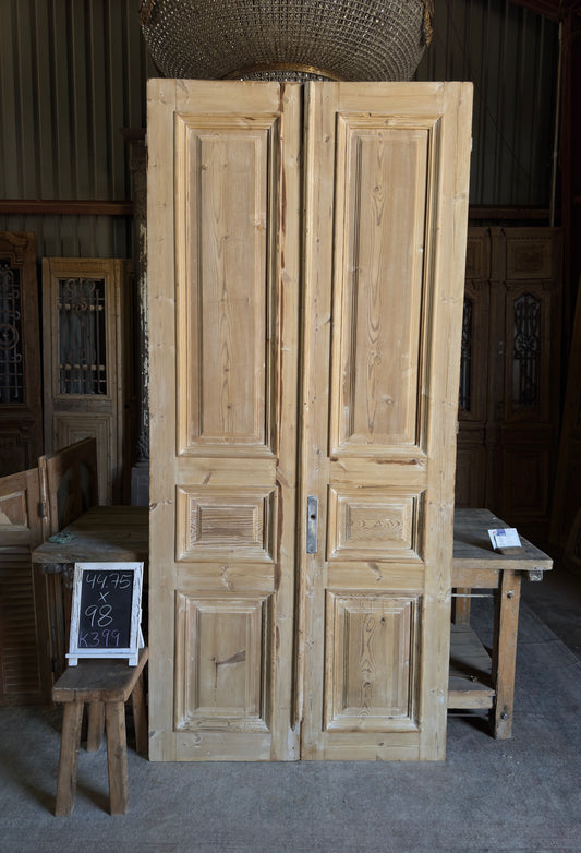 Raised Molding 3 Panel Antique Solid French Doors - 44.75x98 K399
