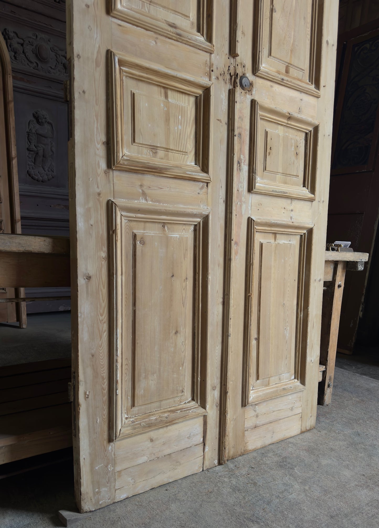 Raised Molding 3 Panel Antique Solid French Doors - 43x105.5 - L355